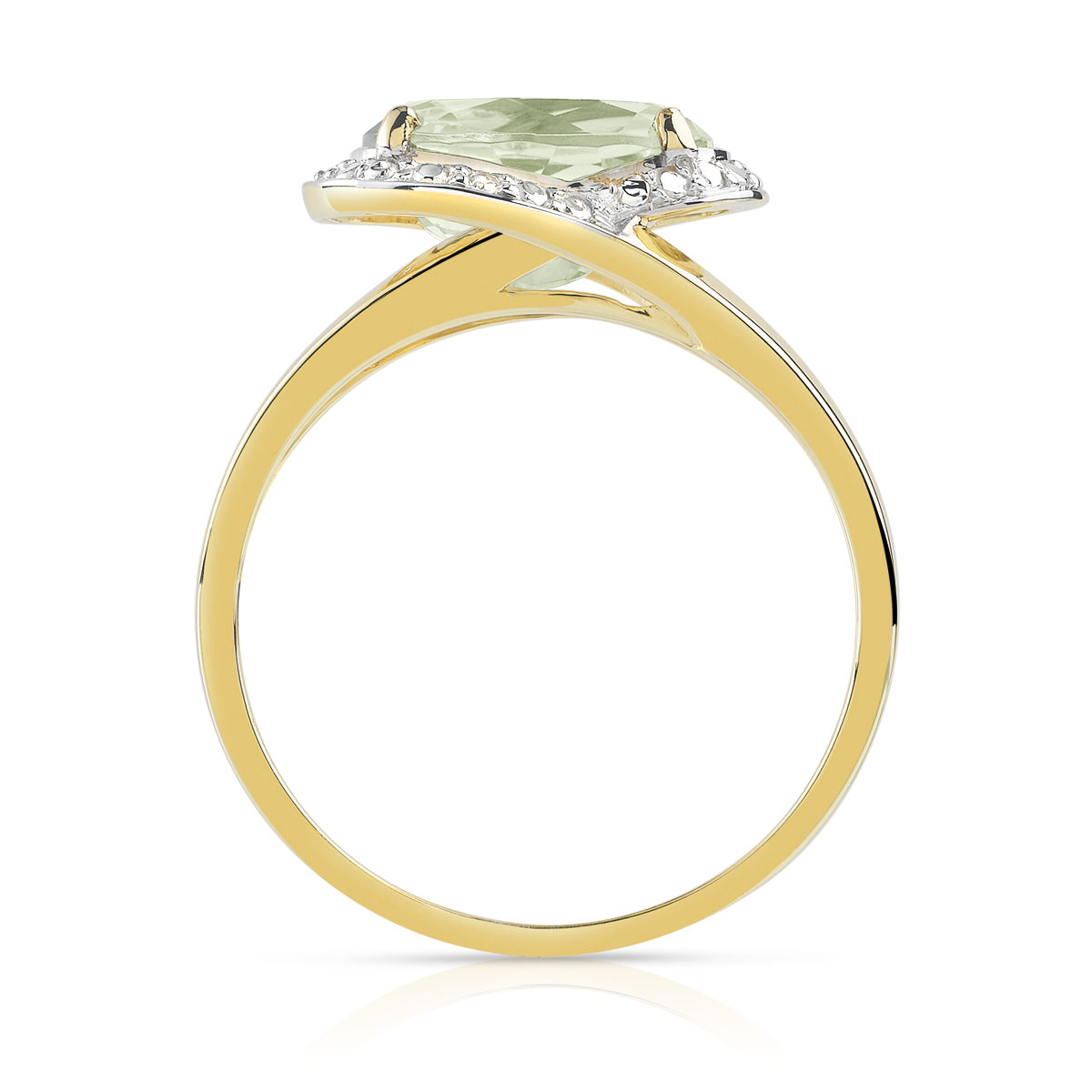 Bague or 375 2 tons quartz vert ovale et diamants