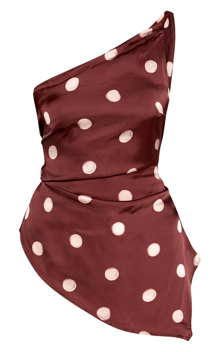 Chocolat Top Asymétrique En Satin À Pois Une Épaule Dénudée