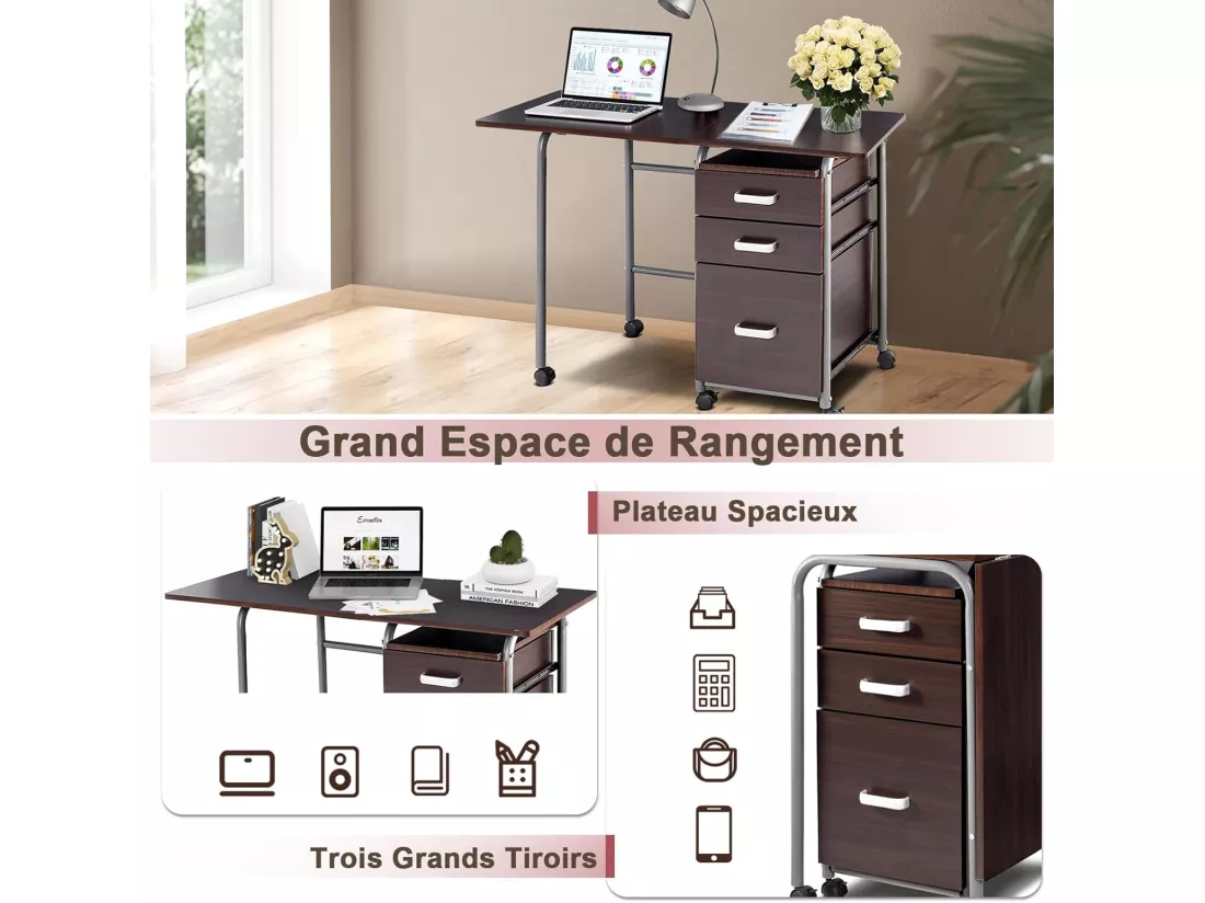 Bureau Pliable avec 3 Tiroirs, Table d'Écriture Roues Verrouillables, Bureau à Domicile Roulant avec Cadre en Métal, Bureau Compact pour Dortoir, Appartement (Marron)
