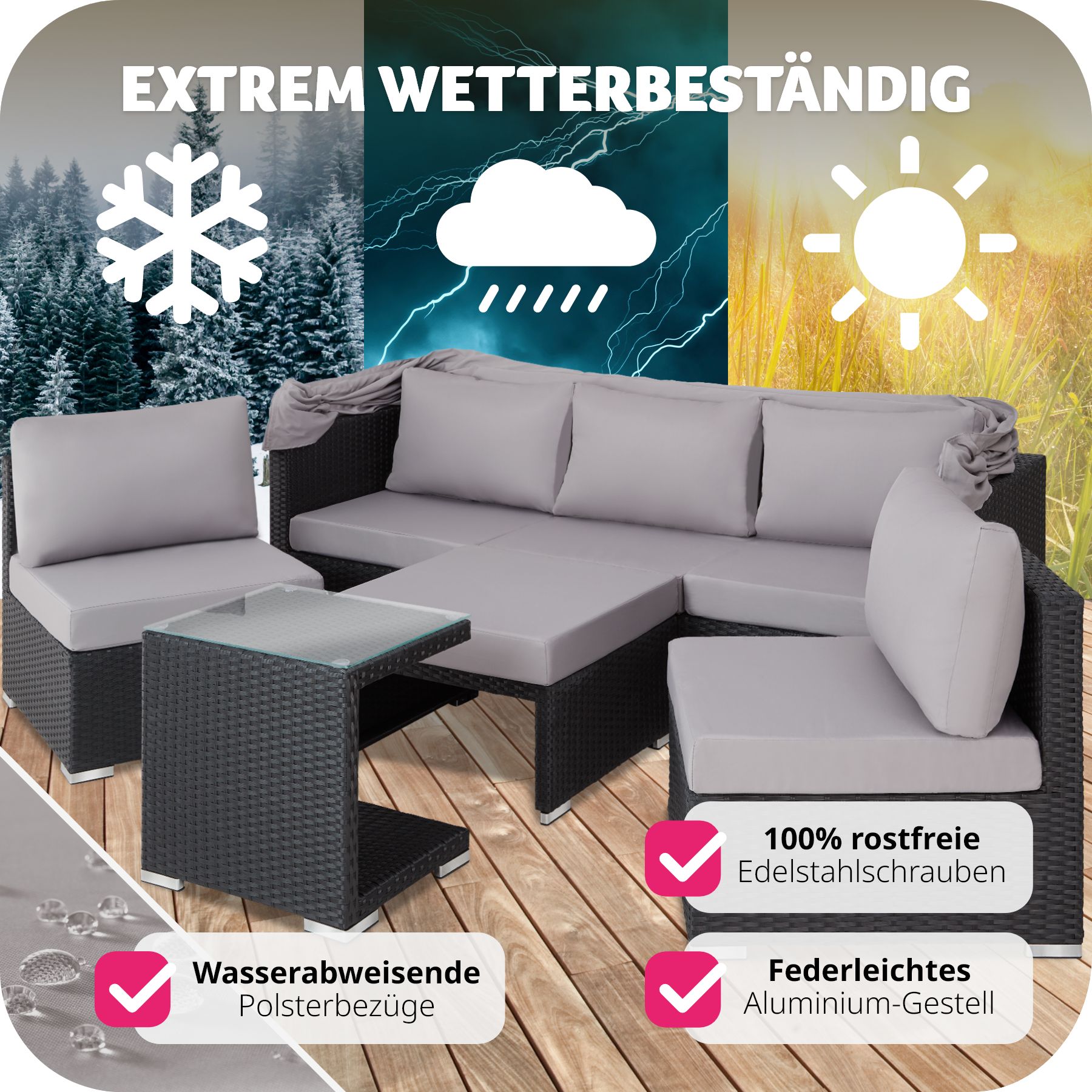 tectake® Rattan Lounge, mit Aluminiumgestell, wetterfest und UV-beständig, mit klapparem Sonnenschutz, mit Sicherheitsglasplatte, variabel aufstellbar