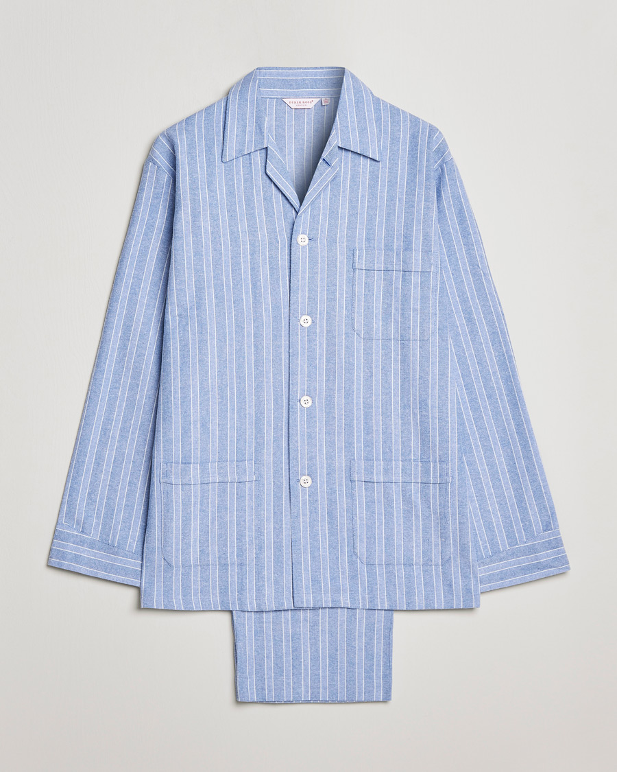 Derek Rose Brushed Cotton Flannel Striped Pyjama Set Blue