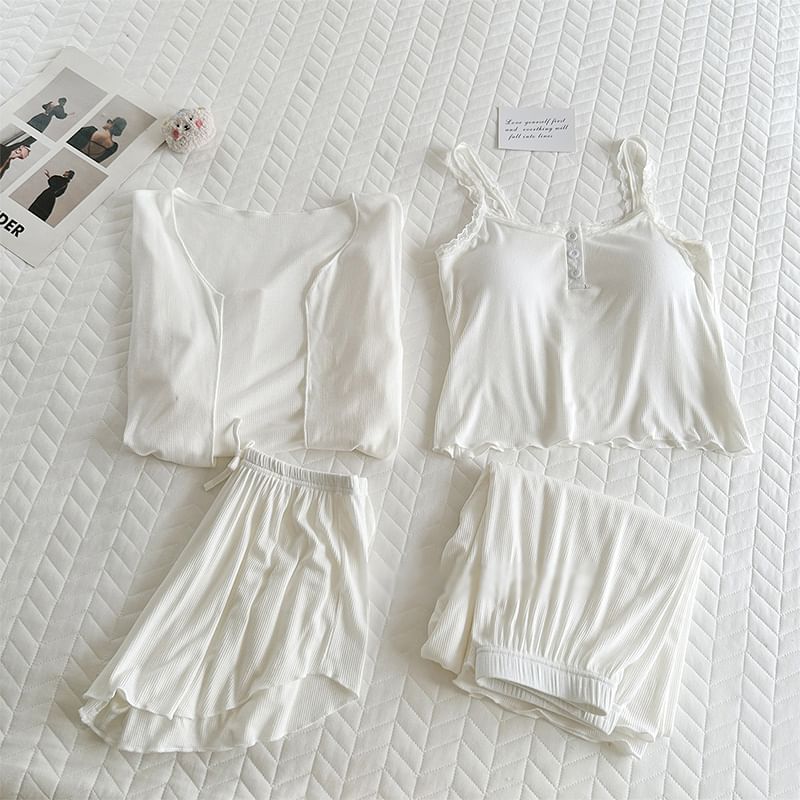 Siensien - Pyjamaset: Henley effen kanten rand, gewatteerde crop top + vest + shorts + broek