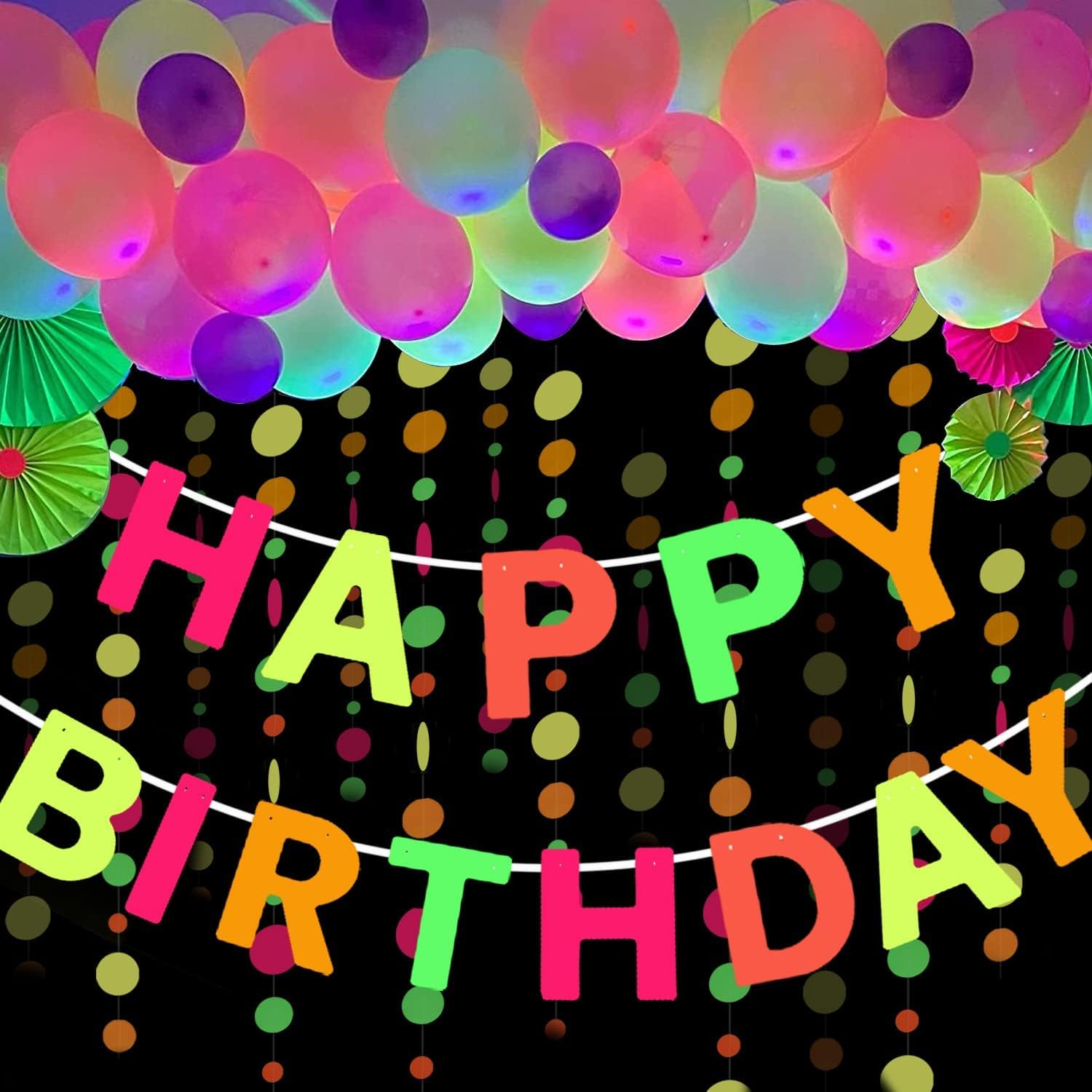 (3m) Neon UV Happy Birthday Girlande Geburtstags Party Deko Glow in the Dark Accessoire Banner - Bunt