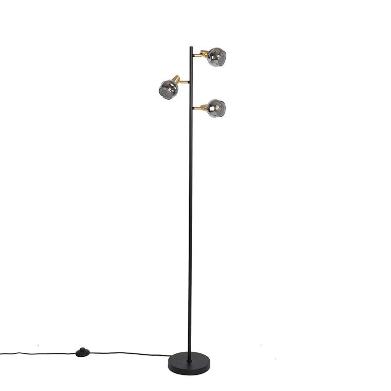 Art deco vloerlamp zwart en goud met smoke glas 3-lichts - Vidro