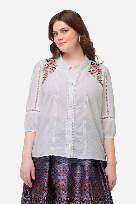 Bluse, Lochspitze, A-Linie, V-Ausschnitt, 3/4-Arm