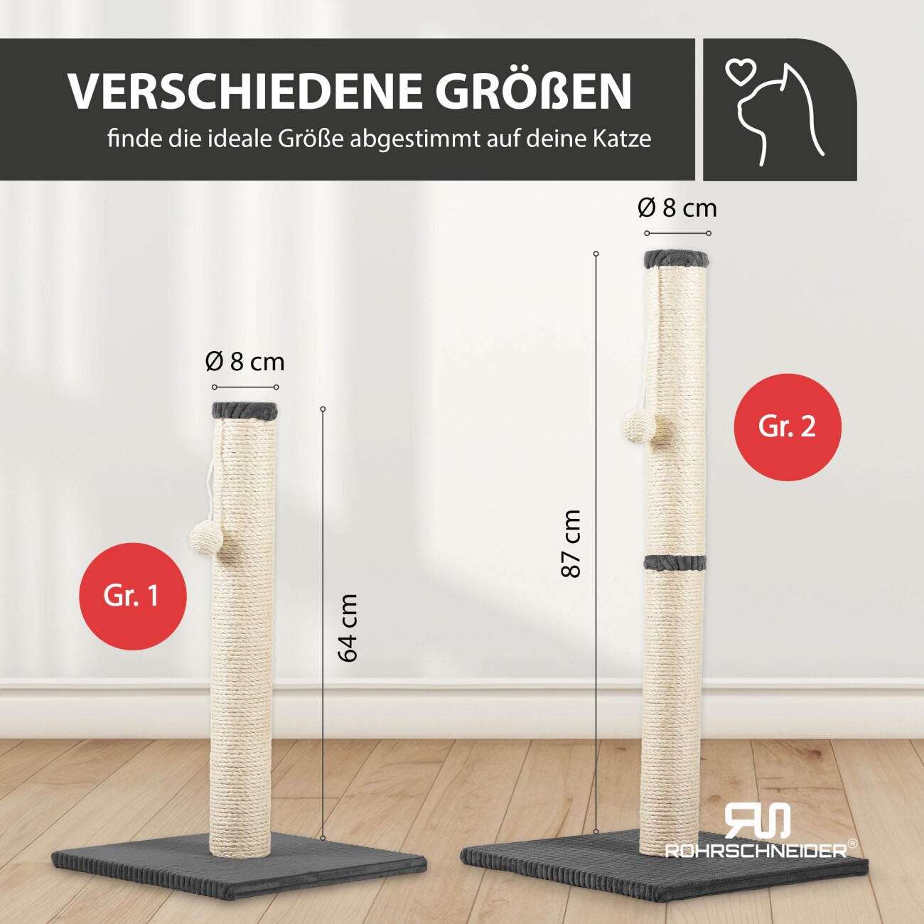 Rohrschneider ® Kratzbaum L, mit Katzenspielzeug, Bodenplatte mit Cordbezug dunkelgrau 36 cm, 64 cm, 36 cm
