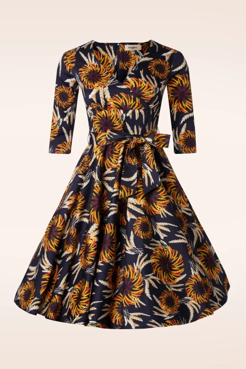 Timeless Nikki koren print swing jurk in marineblauw en multi