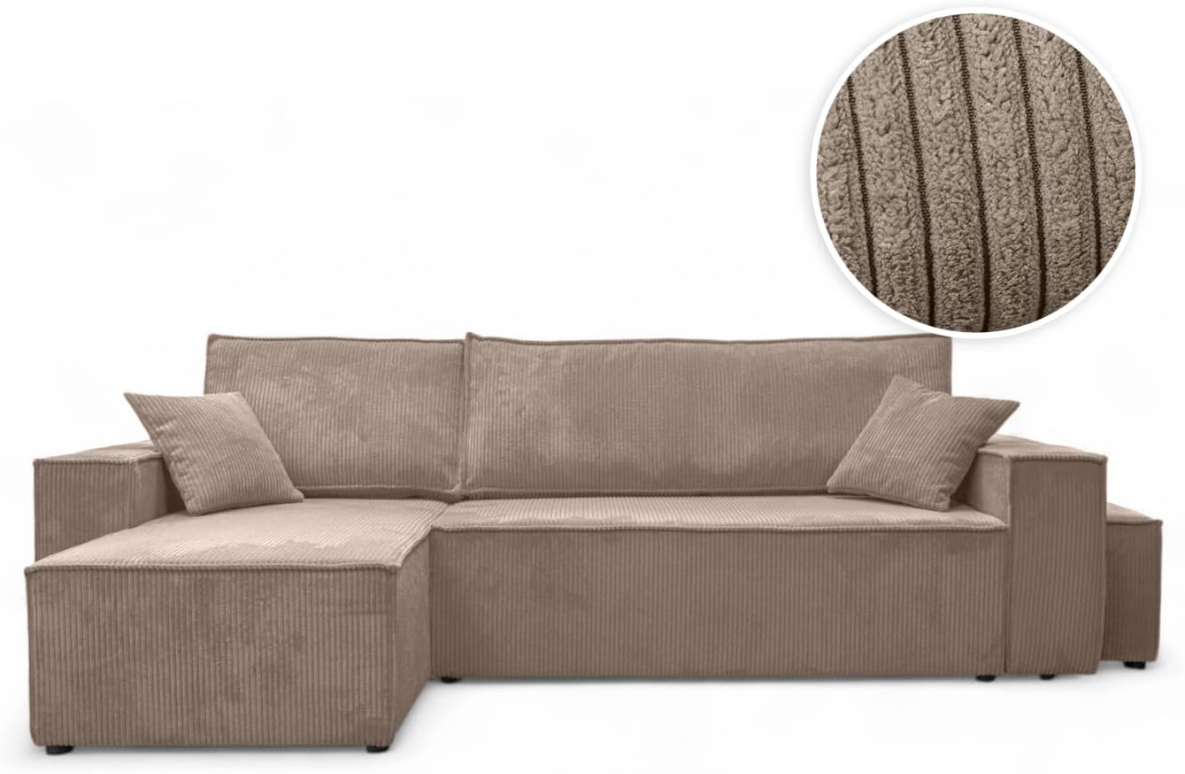 LOUNGITUDE Canapé Farah d'angle réversible et Convertible 4 Places avec Un Pouf en Velours côtelé HV1827501