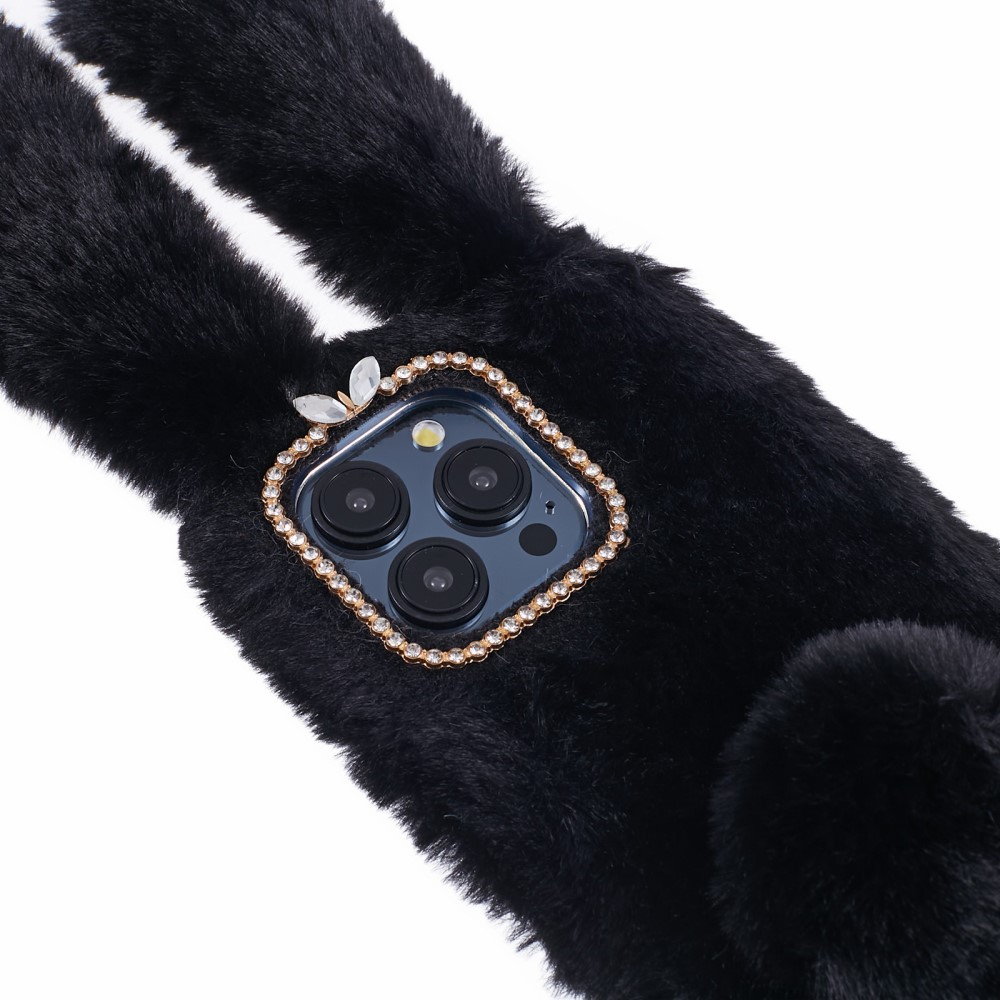 iPhone 15 Pro Max 3D Gummi Plüsch Case Hülle Bunny mit Flauschigen Hasenohren - Schwarz