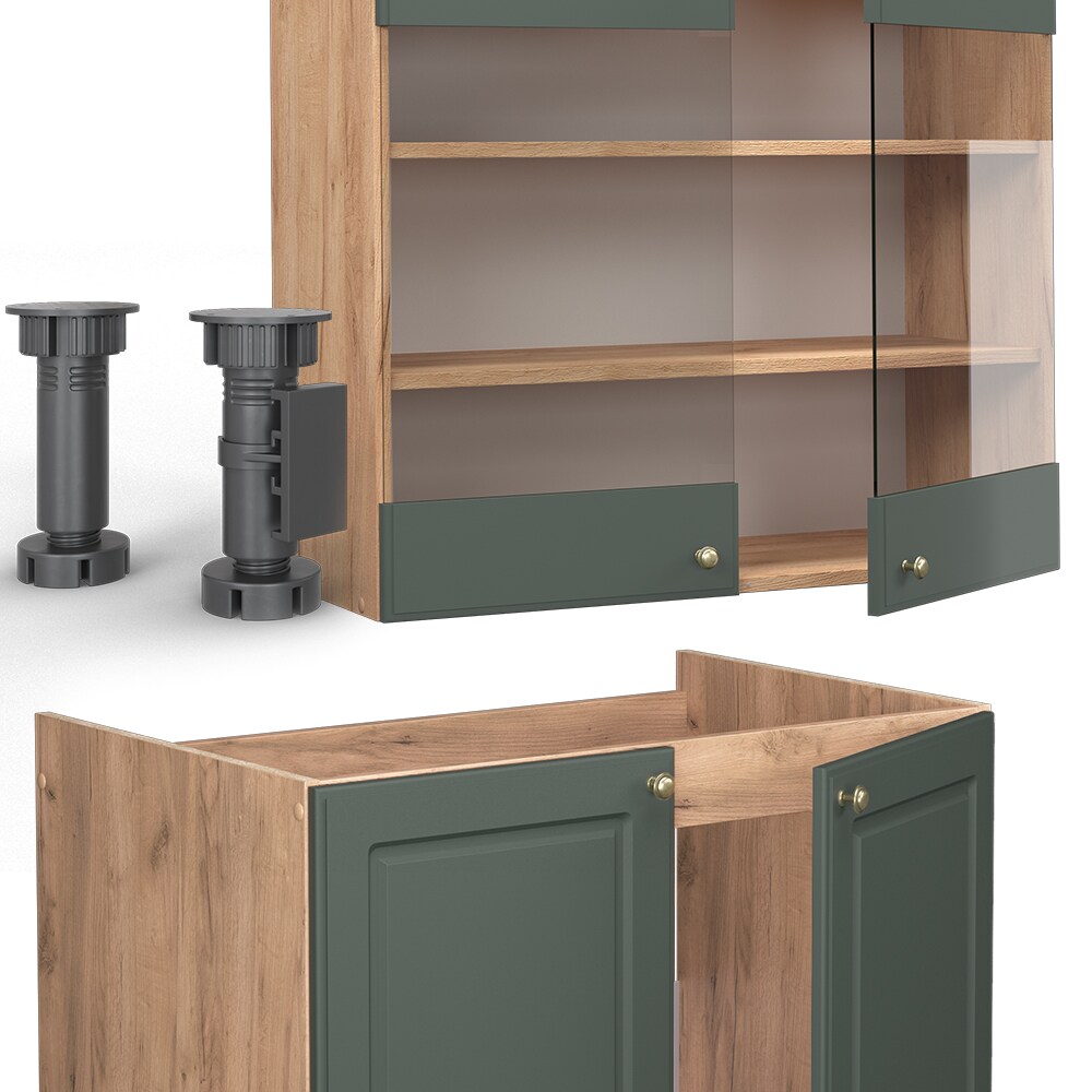 Vicco Küchenzeile Küchenblock Einbauküche Fame-Line Landhaus Eiche Grün Gold 200 cm Küchen Schränke Schubunterschrank Spülenunterschrank Hängeschrank Hängeglasschrank