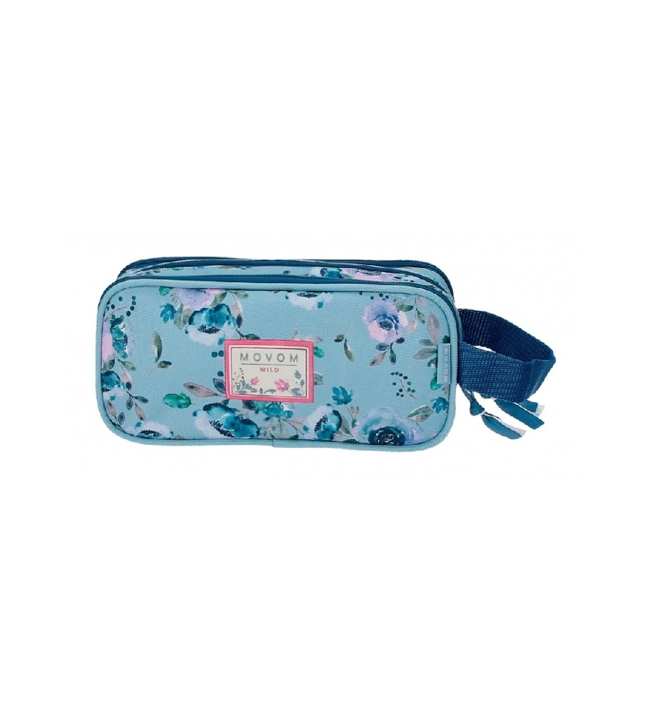 Estojo triplo para lápis Movom, estampa Flores Silvestres Azul - 22x10x9cm -