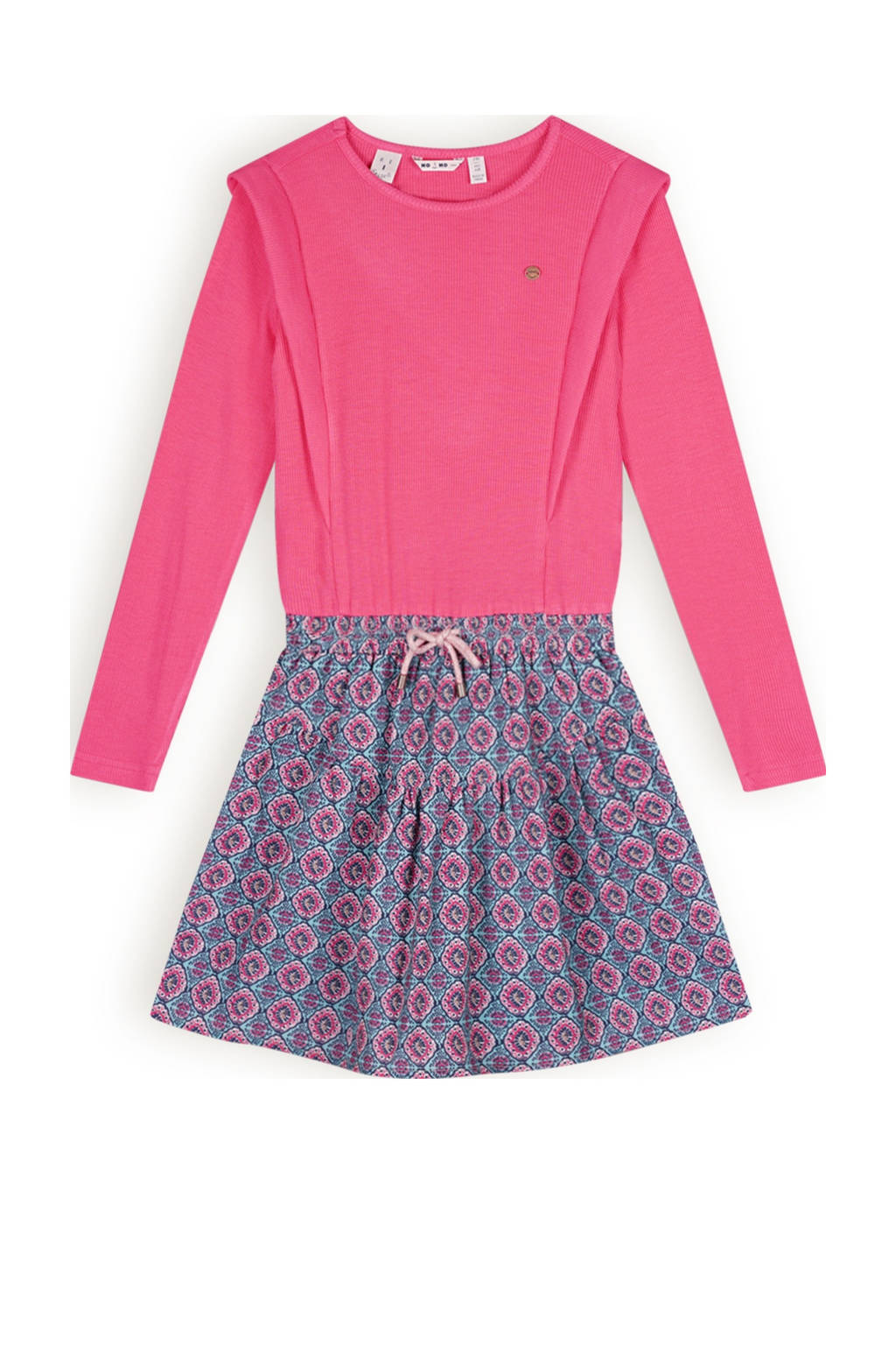 NONO jurk Morly met all over print fuchisa/lichtblauw