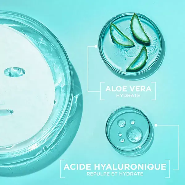 Máscara de tecido hidratante Garnier com ácido hialurônico e aloe vera.