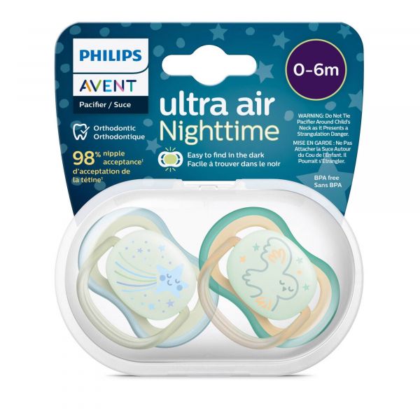 Philips Avent 2 Chupetas Ultra Air Night 0-6M Verde
