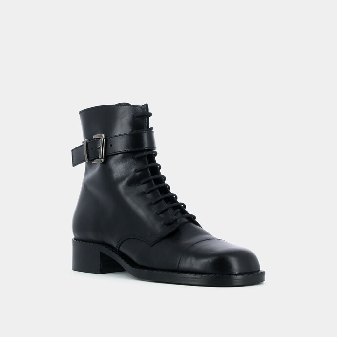 Bottines à boucles et lacets  en cuir noir