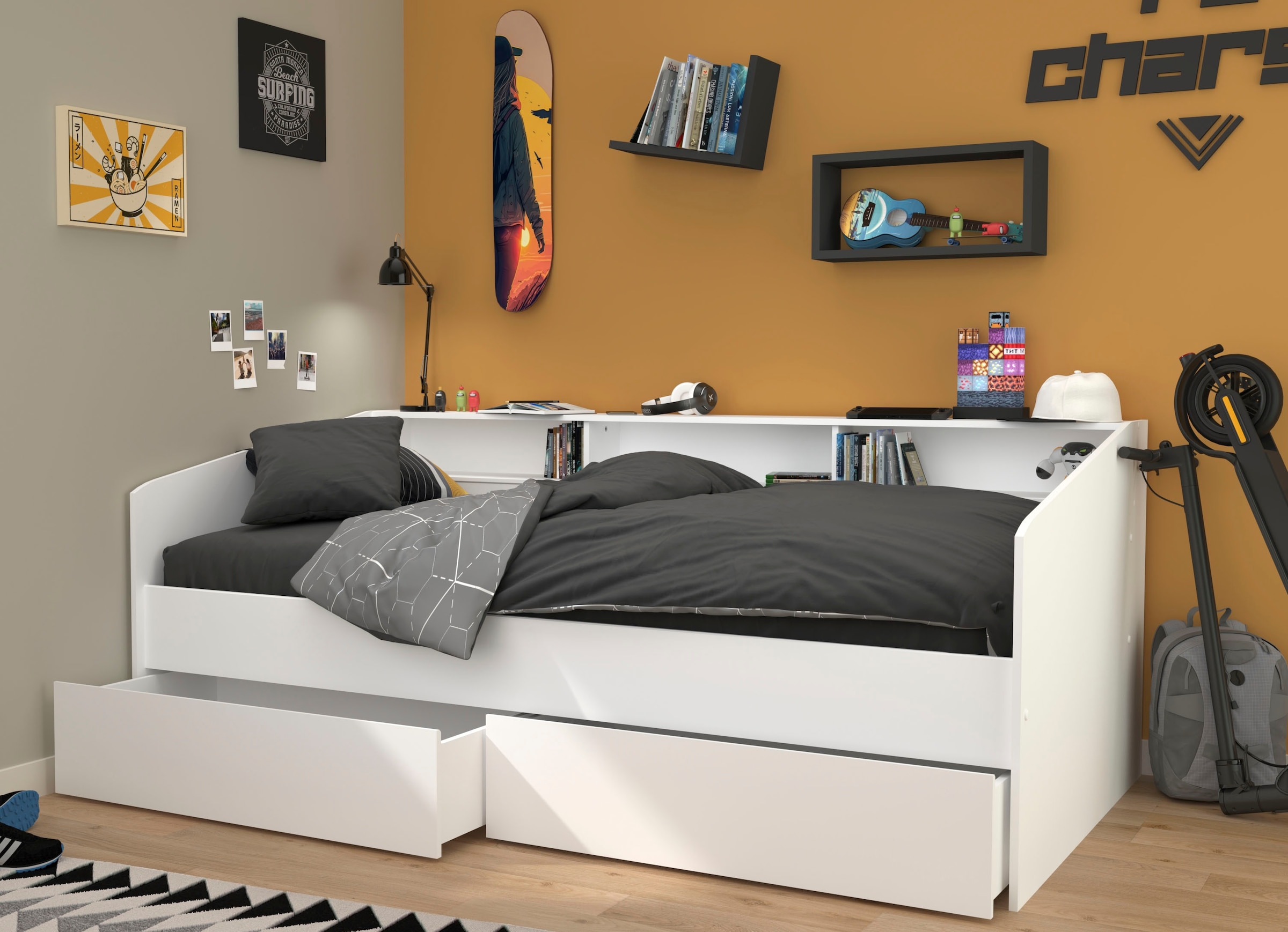 Parisot Stauraumbett »Sleep, Daybed, Kinderbett, Rückwand der Regale drehbar (farbig + weiss)« inklusive, Regale, Schubkästen, viel Stauraum, TOPSELLLER!