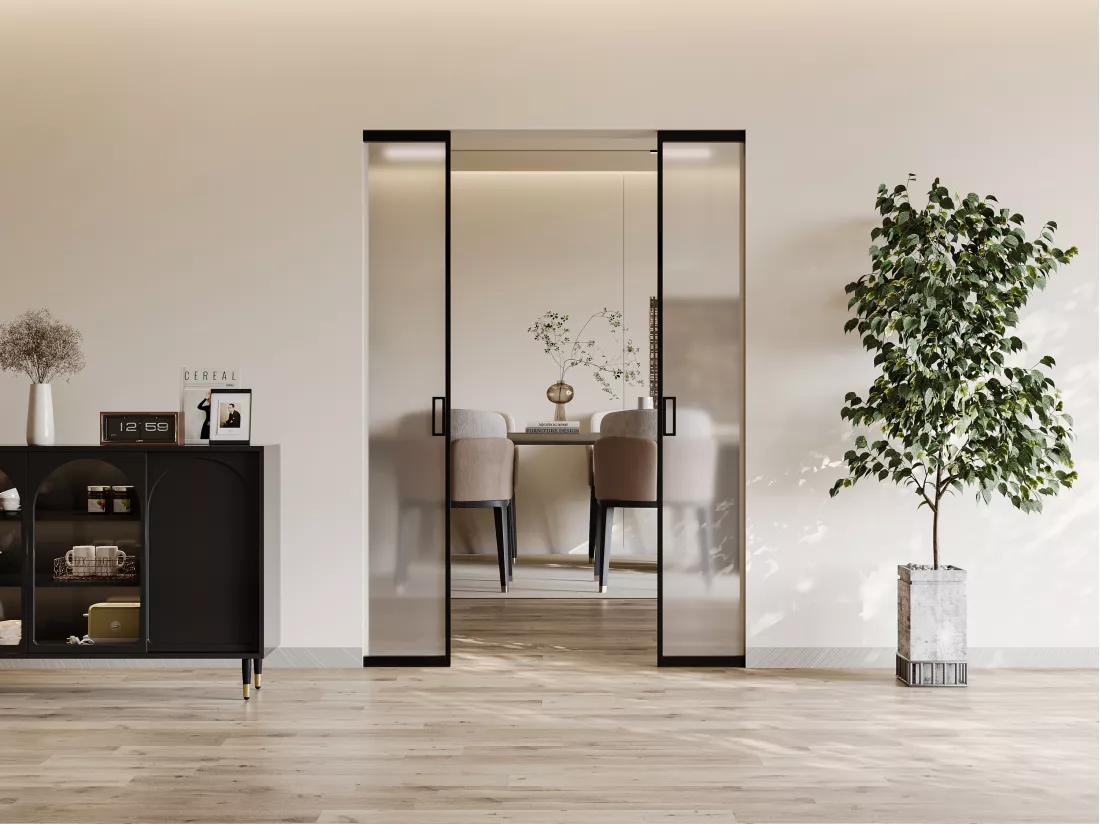 Porte coulissante double avec système à galandage - aluminium et verre trempé dépoli - 2 x H205 x L93 cm - LINCI II