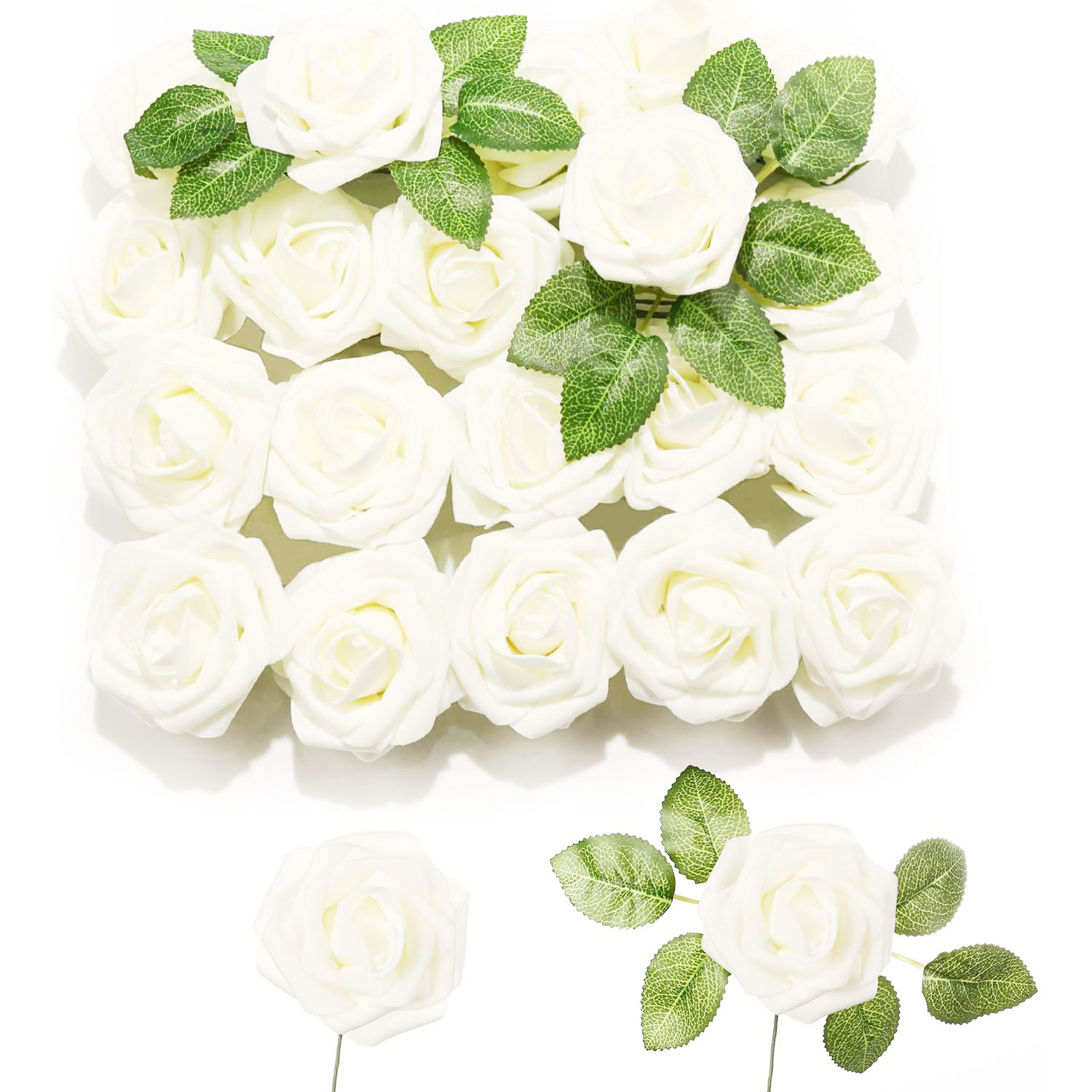 (25er Set) Ø75mm Romantische Blumenwand Schaumstoff Rosen Deko Blumen - Weiss