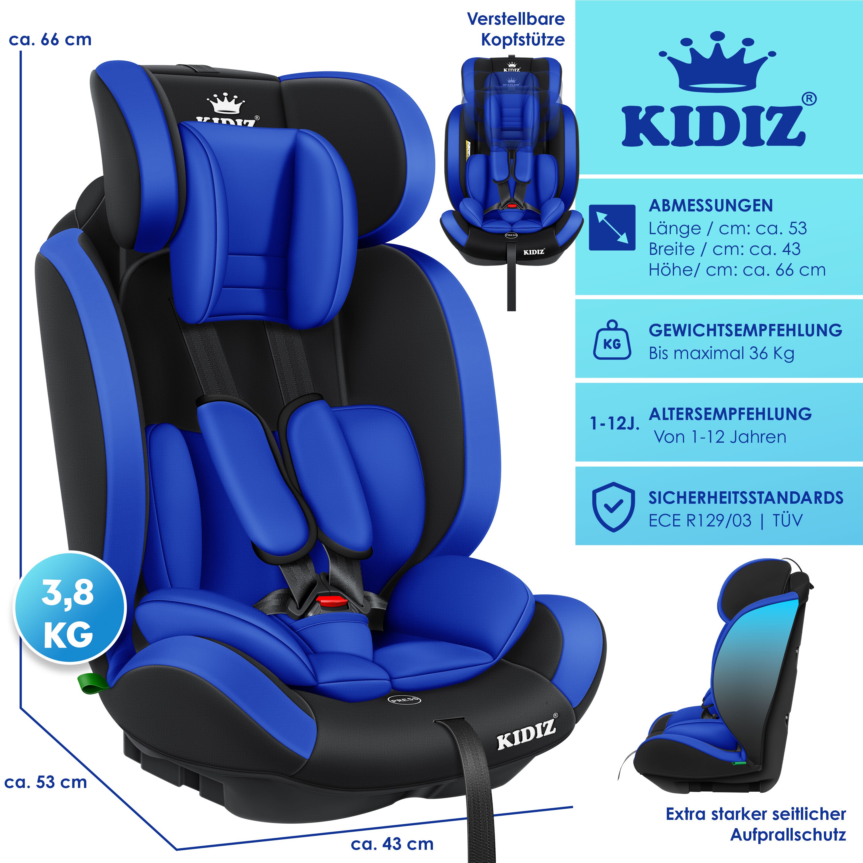 KIDIZ® Autokindersitz Kinderautositz ? Gruppe 1+2+3 ? 9-36 kg 5-Punkt-Sicherheitsgurt, Autositz, Kindersitz, Einstellbare Kopfstütze | Mitwachsende Sitzerhöhung 1-12 Jahre, Stabil und Sicher