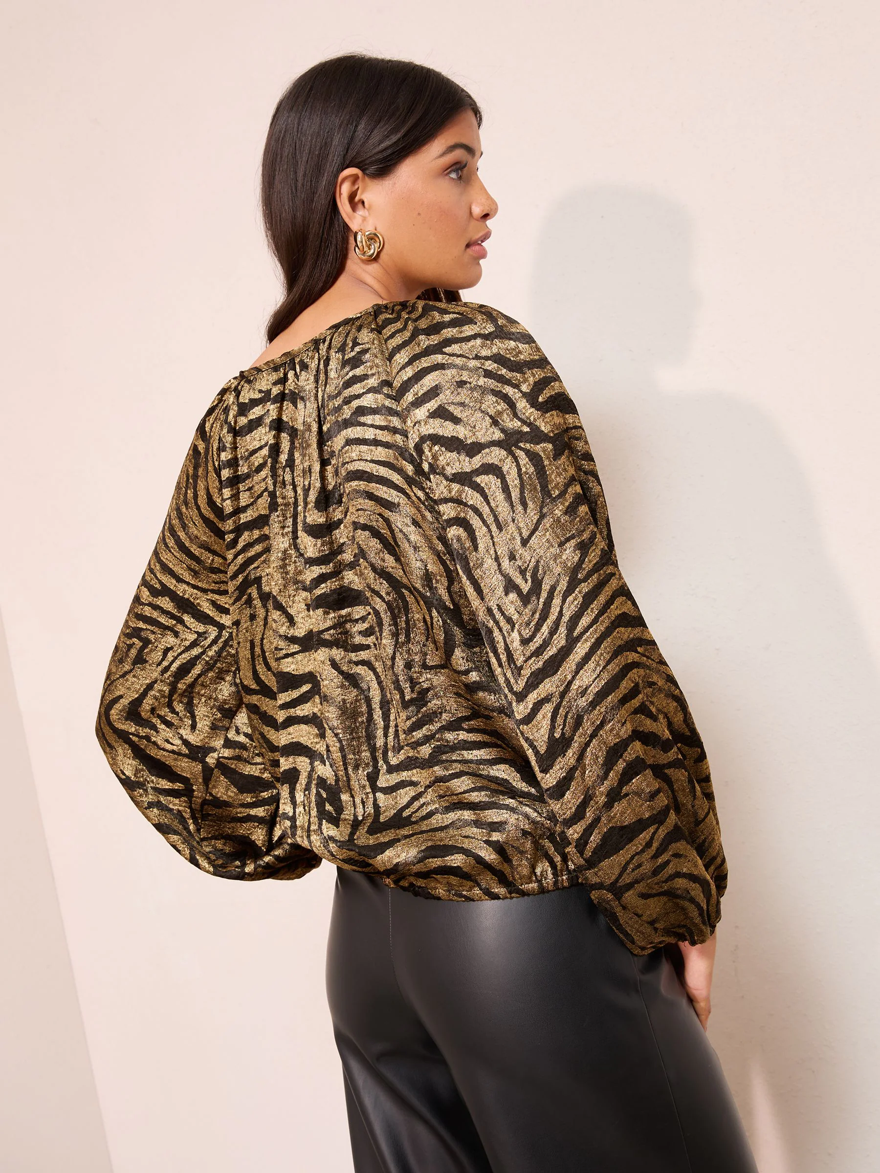 Gold Zebra Print - Friends Like These Long Sleeve Bubble Hem Tie Neck Blouse