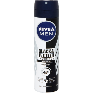 NIVEA MEN Black & White Invisible Original Anti-Transpirant Spray - 150ml - Geen witte of gele vlekken - Quickdry - Alcoholvrij - Beschermt 72 uur