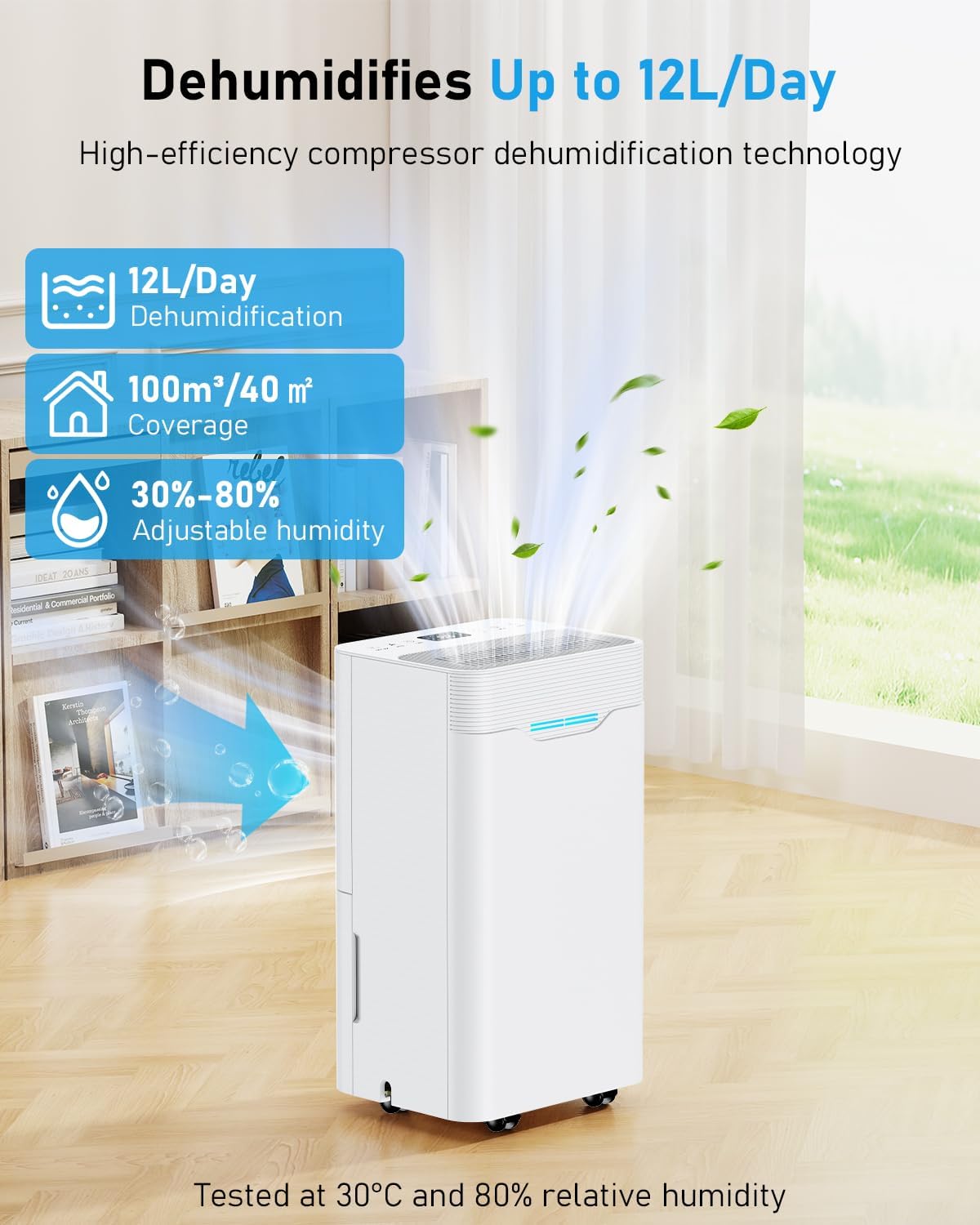 Luftentfeuchter Elektrisch 12L/Tag mit 24H Timer, 3Modus, Automatischer Abschaltung, Luftentfeuchter Mit Ablaufschlauch für Räume bis zu 100m³, für Wohnung, Keller, Wohnzimmer, Weiß