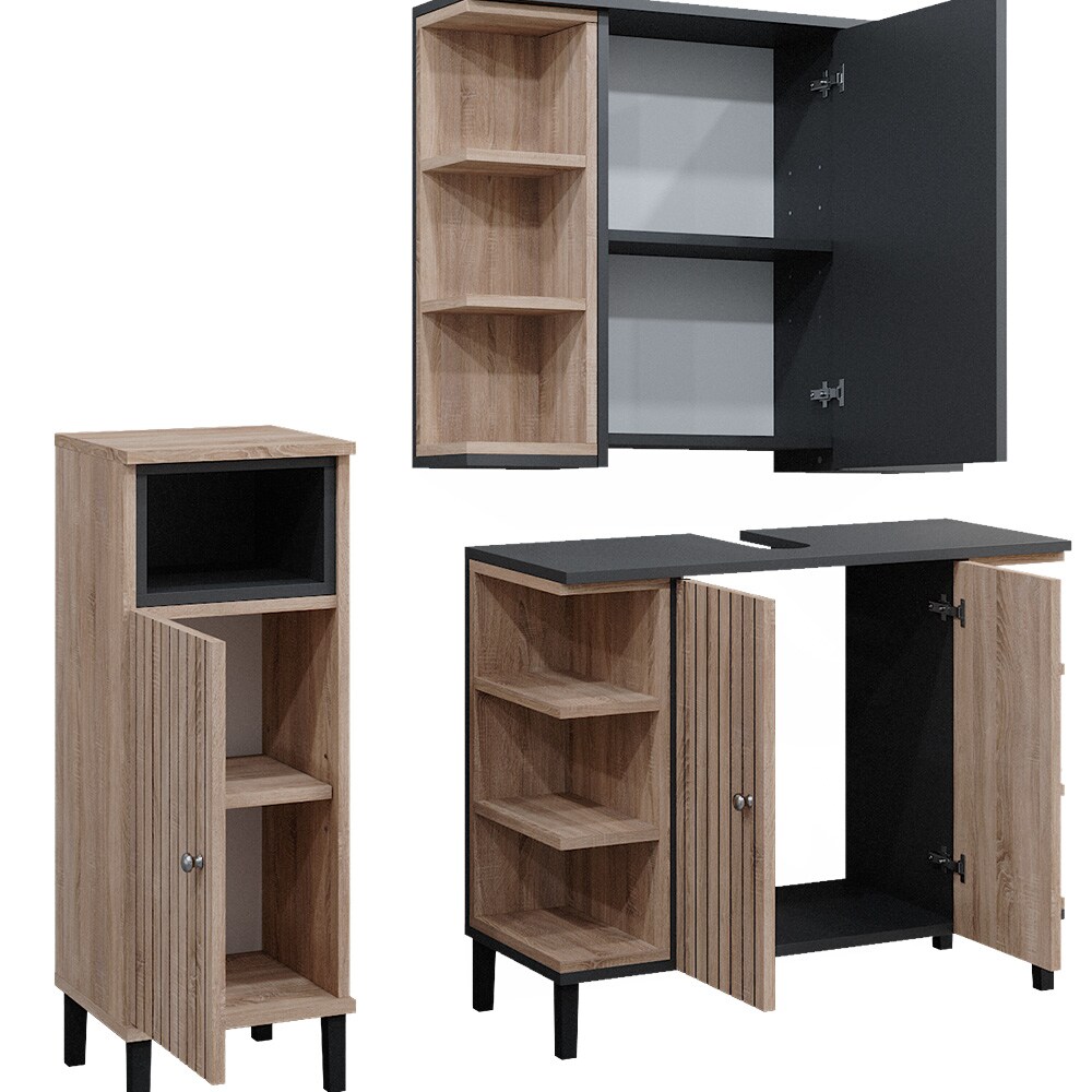 Vicco Badmöbel-Set Aquis, Sonoma Anthrazit, Badezimmer, moderne Badserie, Waschtischunterschrank, Spiegelschrank, Midischrank
