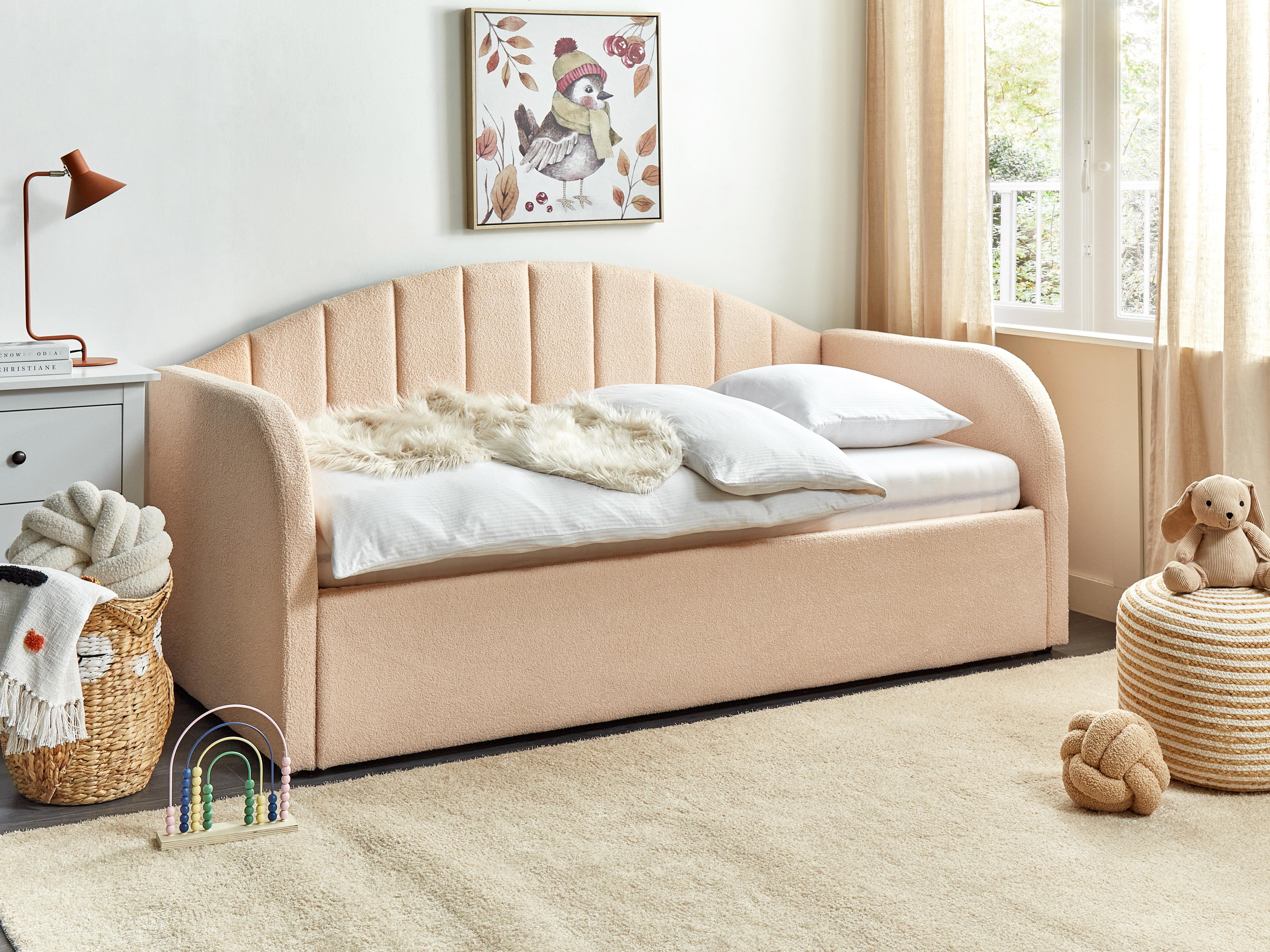 Onderschuifbed Bouclé EYBURIE 90 x 200 cm Perzikroze