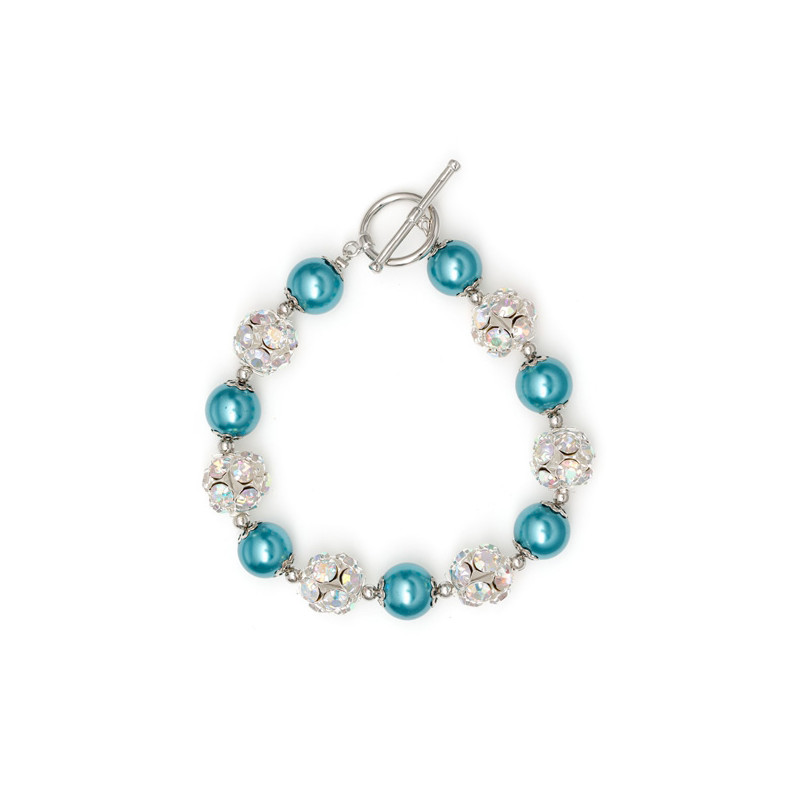 Bracelet 1 Rang en Perles Bleues, Cristal et Plaqué Rhodium