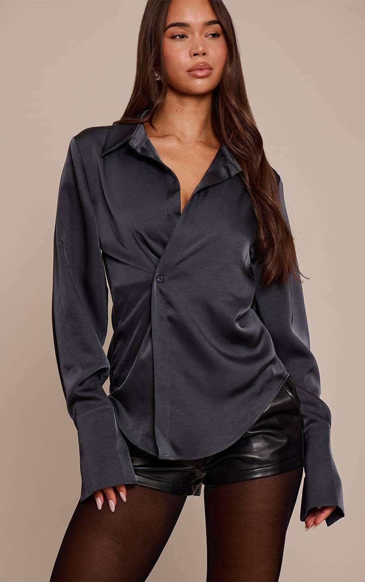 Charbon Chemise Satinée À Boutonnage Asymétrique