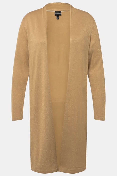 Long-Strickjacke, offene Form, V-Ausschnitt, Stehkragen