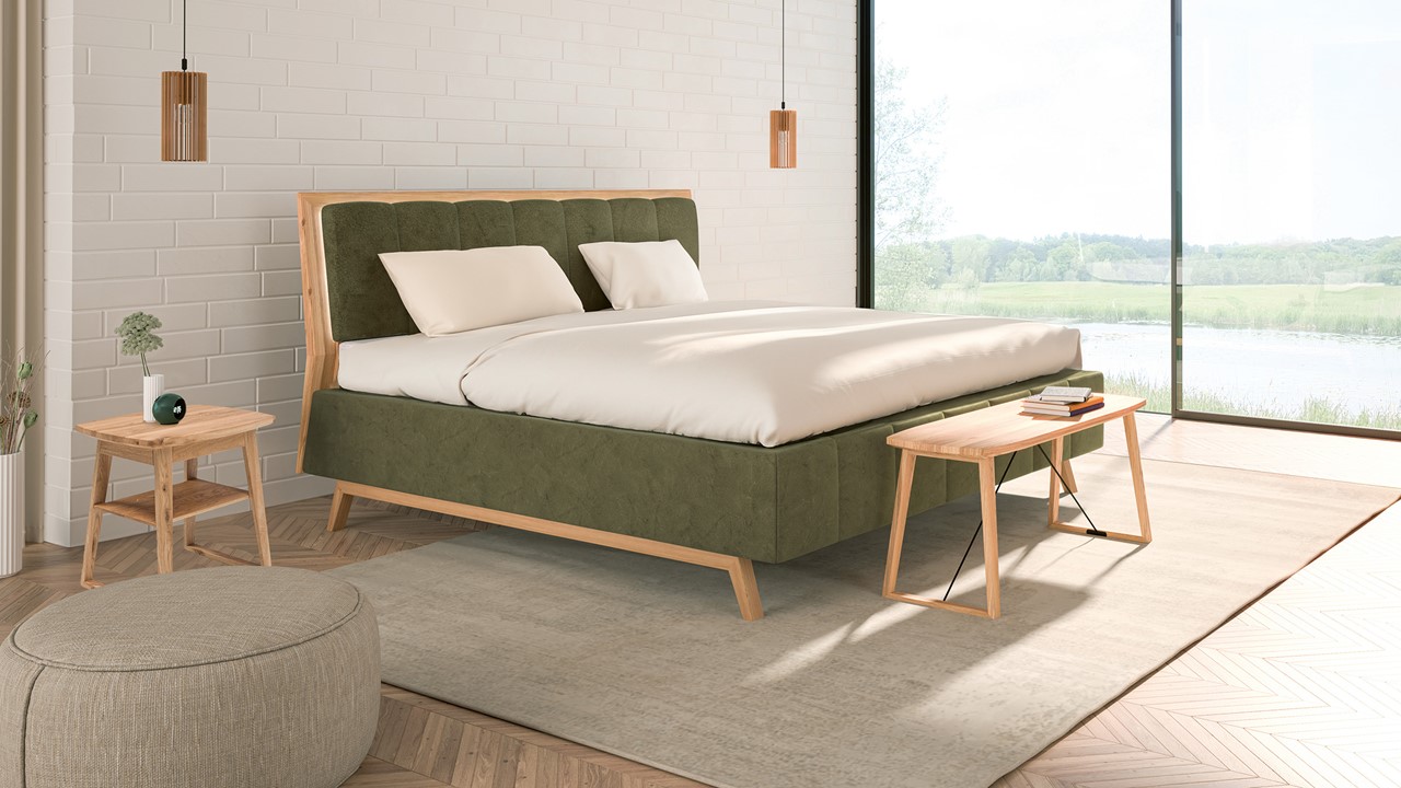 TEMPUR® Bed Design met hoofdbord Lines, Ergo smart base, Pro Luxe matrassen, 2 nachttafels en voetenbank forest