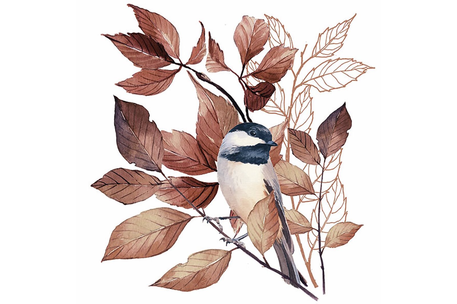 Lovely Chickadee serviett Hvit og brun med fugl og blad motiv. 33x33 cm. 20pk.