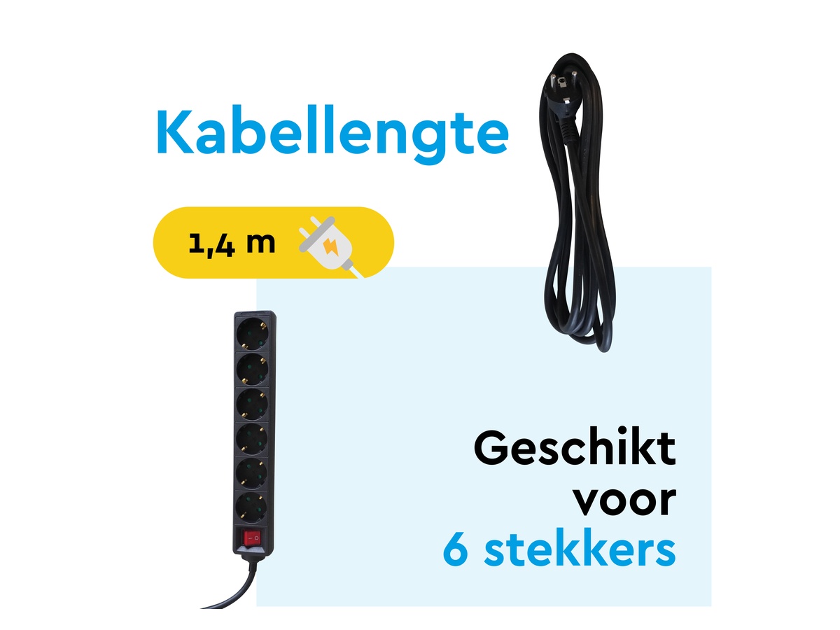 BRASQ 1,4 meter 6‑voudige stekkerdoos met schakelaar - Black