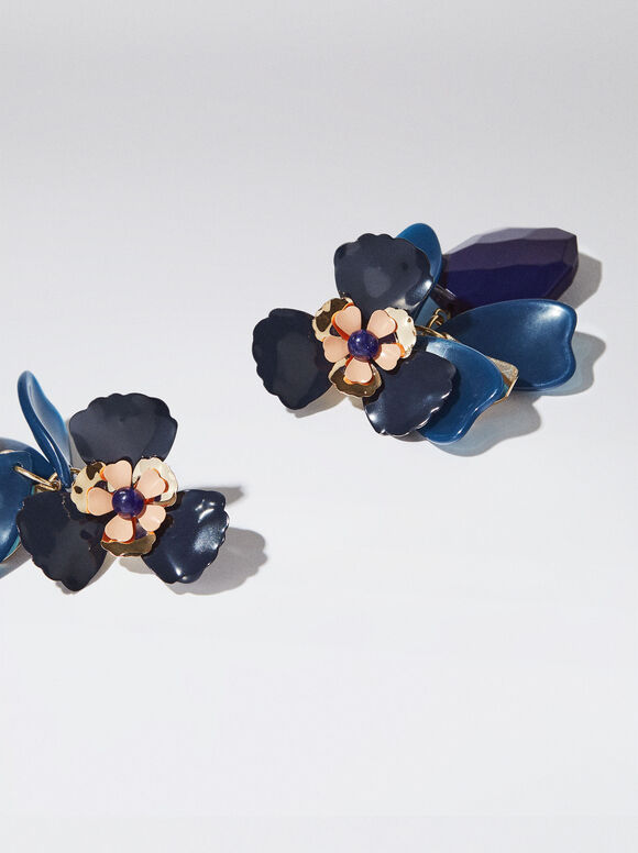 Brincos de flor com pedra semipreciosa - Multicor