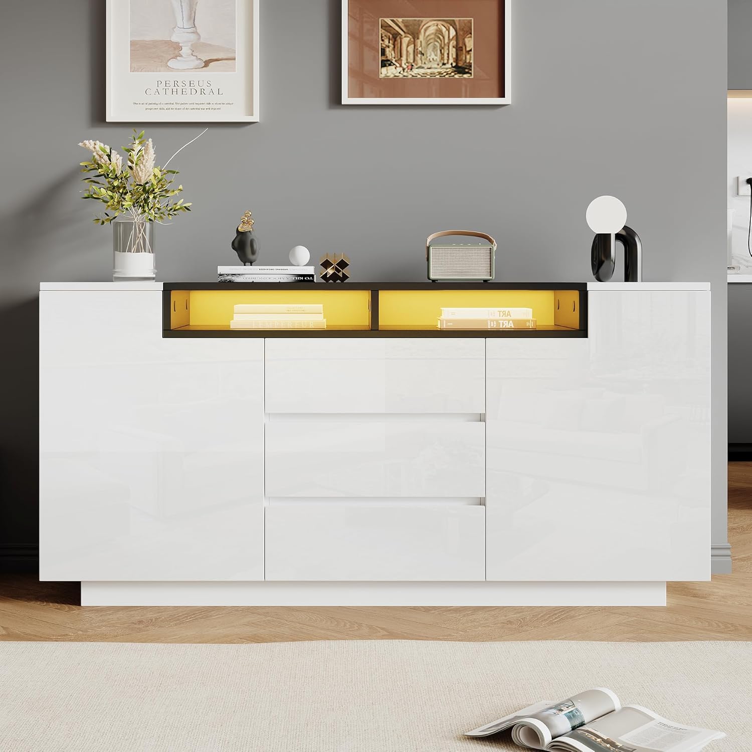 ModernLuxe LED Sideboard Hochglanz Kommode 140x40x68cm,3 Schubladen und 2 L-Türen, Wohnzimmer Sideboard Weiß Schwarz mit Verstellbaren Regalen