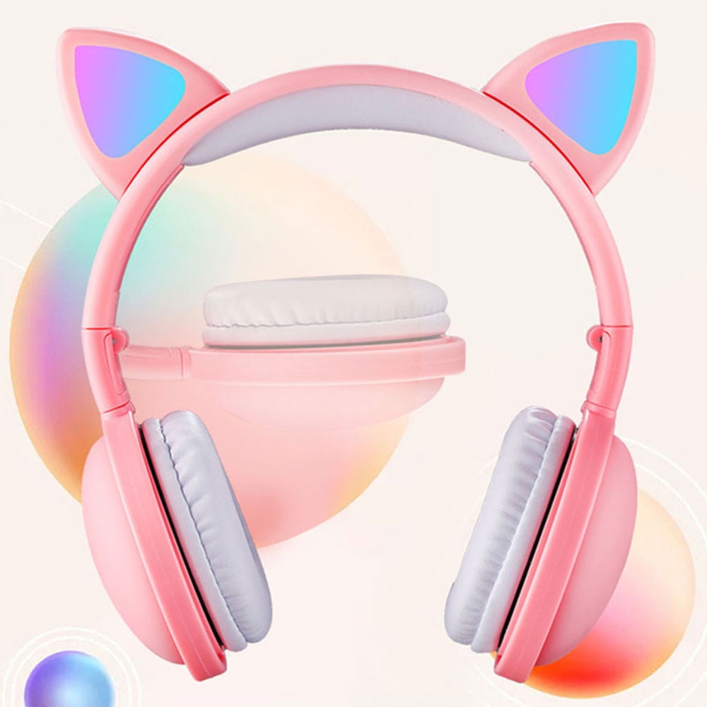 Faltbare Kinder Stereo Bluetooth 5.0 On-Ear Kopfhörer Headset mit Aux-In   leuchtende LED Katzenohren - Schwarz
