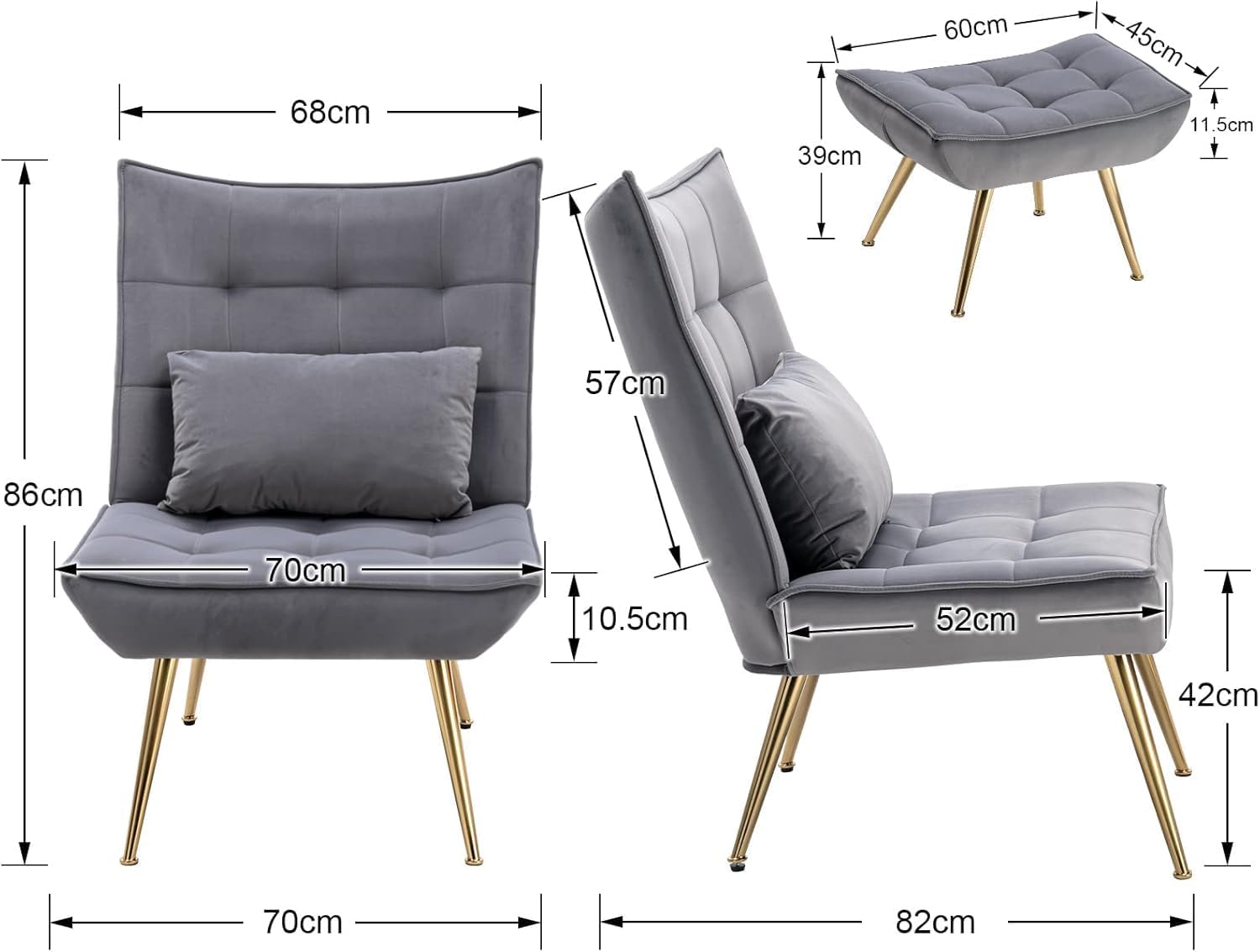 Loungesessel Sessel mit Hocker, Relaxsessel Ohrensessel Polsterstuhl mit Kopfkissen Goldenen Metallbeinen aus Samt, Fernsehsessel Lesesessel für Schlafzimmer Wohnzimmer, Grau