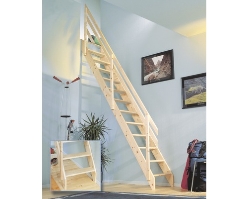 Burgau massief sparren trap zonder stootborden, onbehandeld, recht, 63 cm, 13 treden / 14 stootborden, leuning