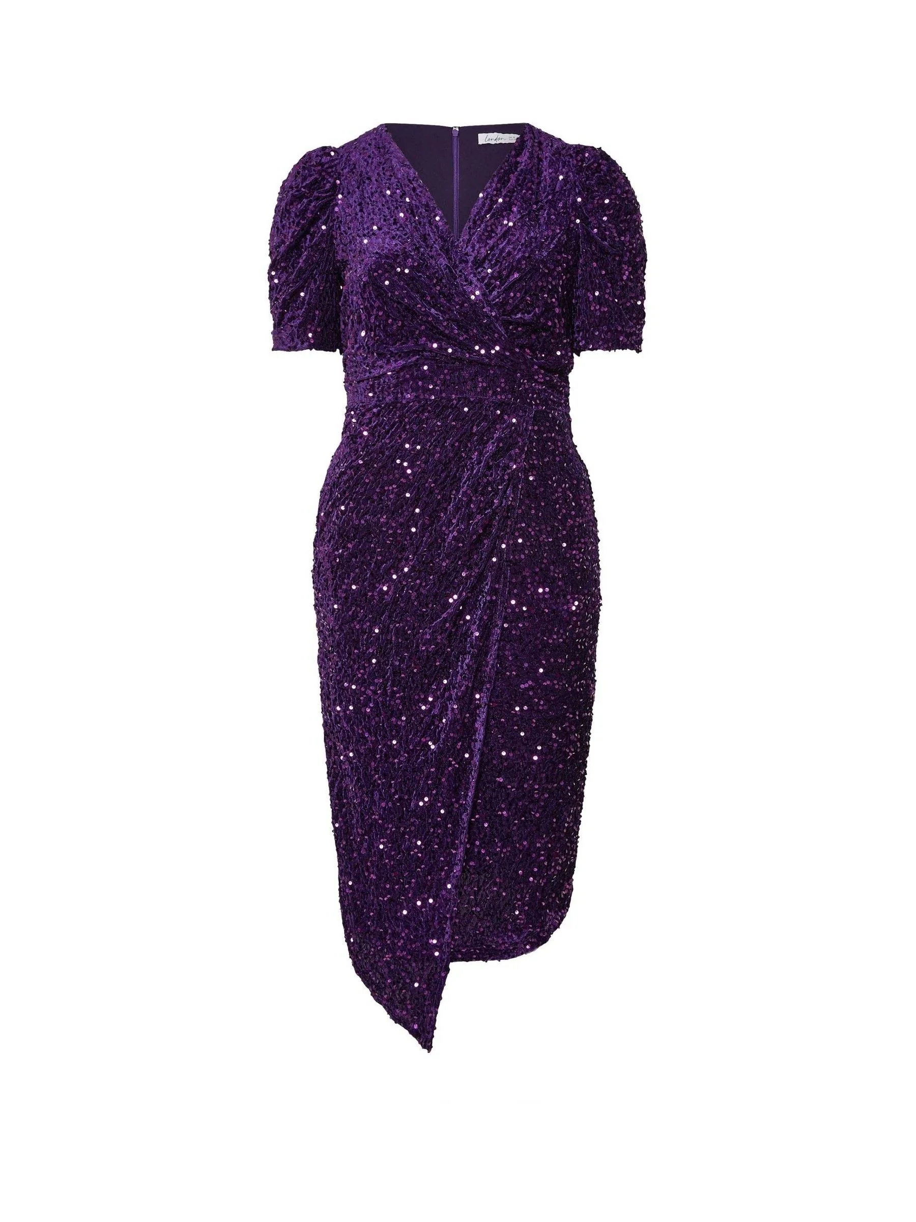 Paars - Yours Curve London Pailletten Fluwelen Wikkeljurk met Pofmouwen