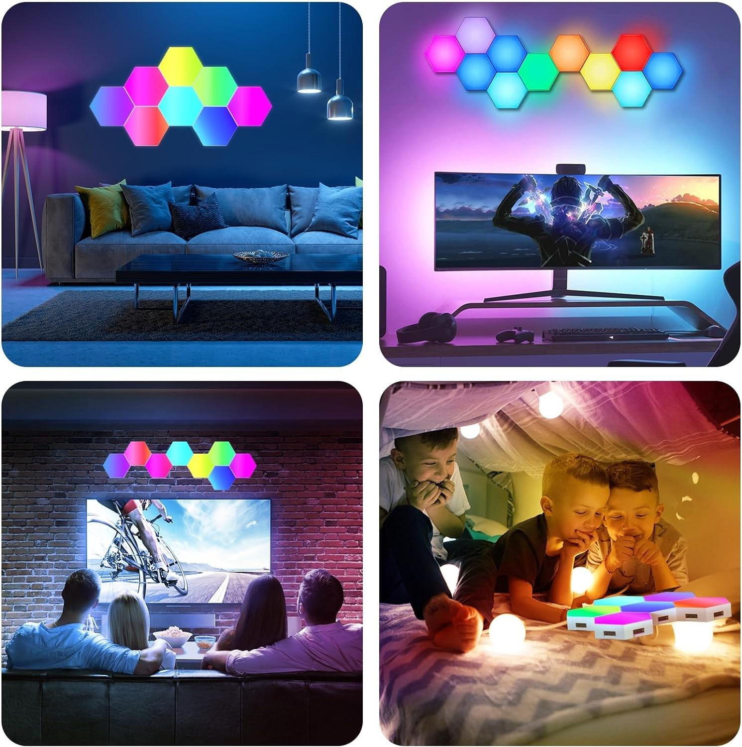 (6er Set) LED Panels Modulierbare USB Hexagon Wand Lampen inkl. Fernbedienung / App Steuerung (iOS/Android) - Bunt