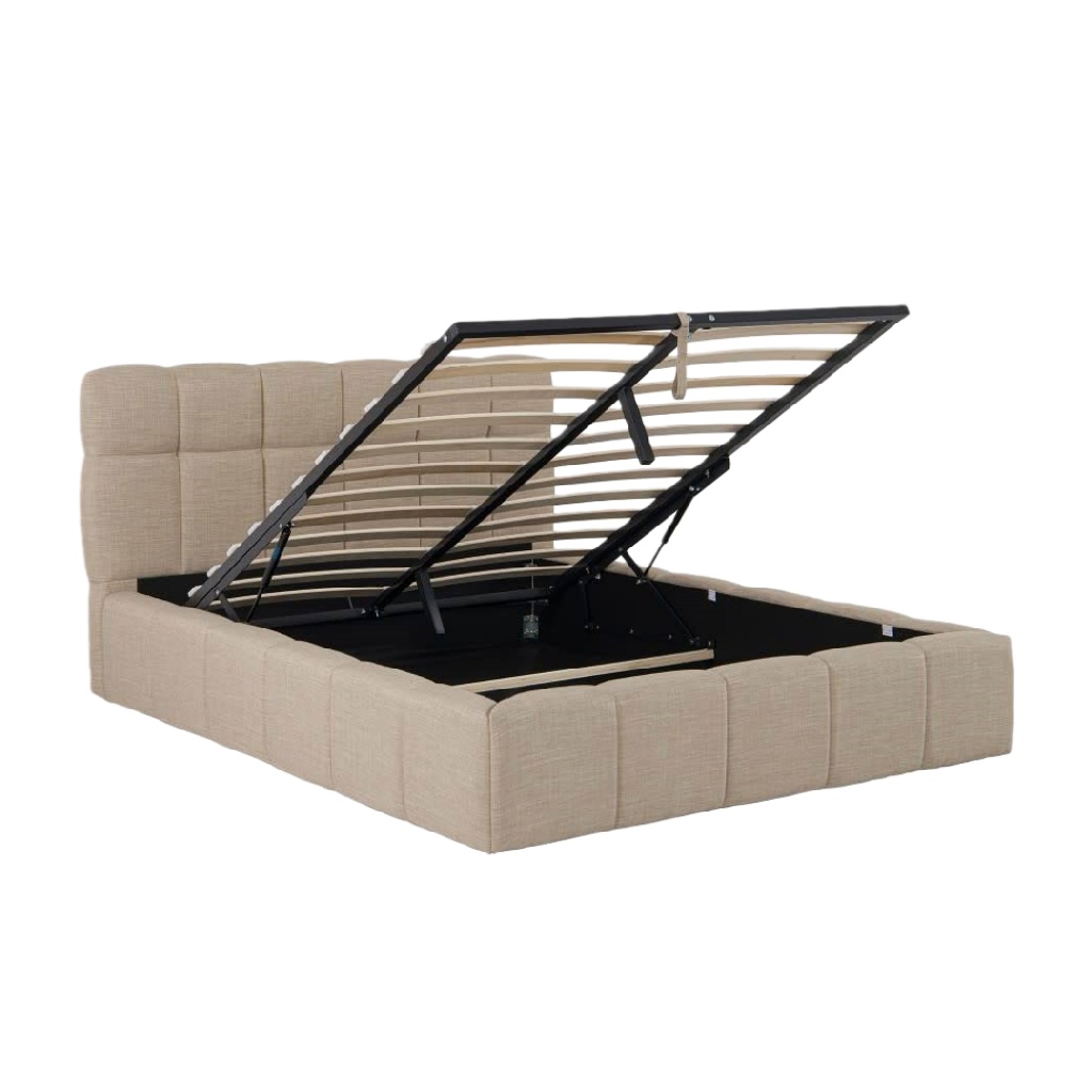 Lit coffre en tissu beige — Tête de lit capitonnée — Système relevable avec rangement intégré