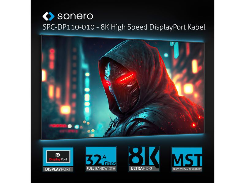 sonero Kabel 8K DisplayPort - DisplayPort, 2 m DisplayPort auf DisplayPort Kabel - 8K60 - grau/blau - 2.00m