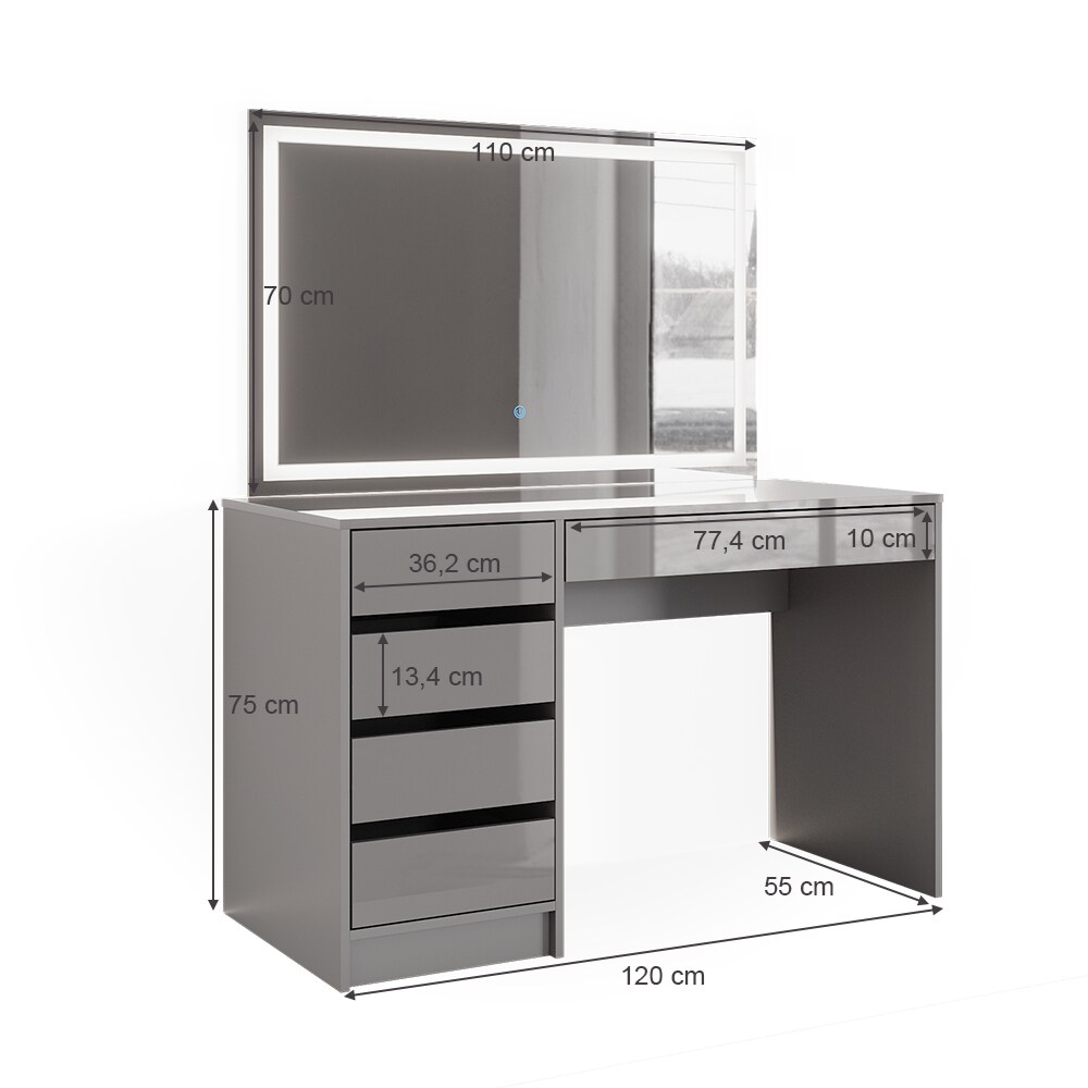 Vicco Schminktisch Frisiertisch Frisierkommode Sherry Grau LED-Spiegel 120x75 cm modern Schlafzimmer Kommode Schublade Ablage Aufbewahrung Kosmetiktisch Make-Up-Tisch Hochglanz