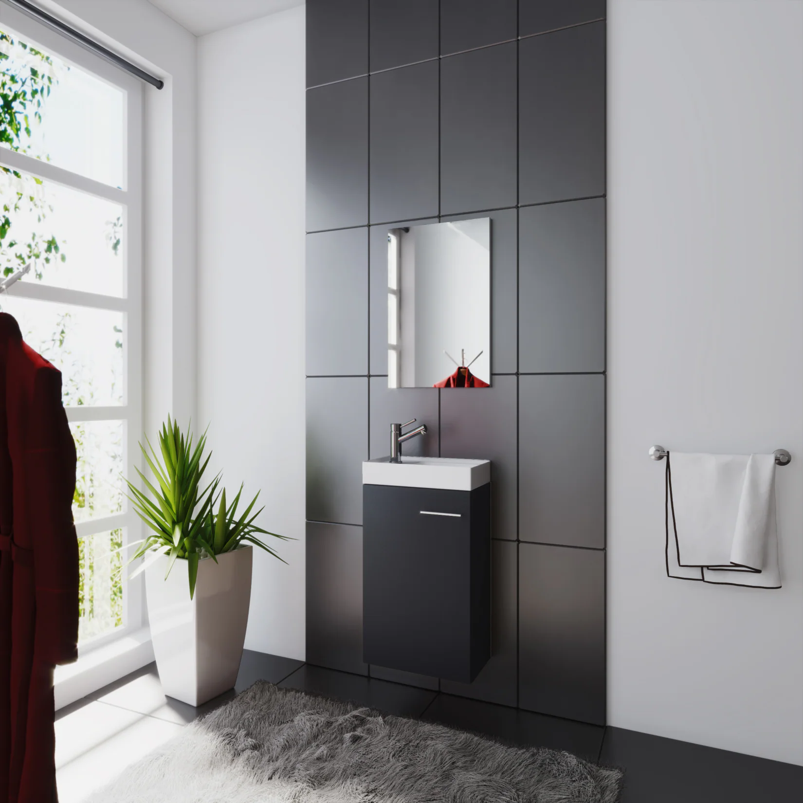VCM Waschplatz Waschbecken Schrank + Spiegel WC Gäste Toilette Badmöbel klein schmal 