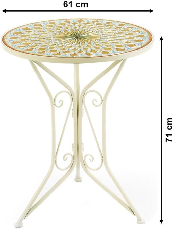 Kobolo Tischgruppe MOSAIKOPTIK | 3-teilig | weißer Metalltisch mit 2 passenden Klappstühlen | stilvolles Bistro-Set für Garten, Balkon, Terrasse | Gartenmöbelset im mediterranen Landhausstil
