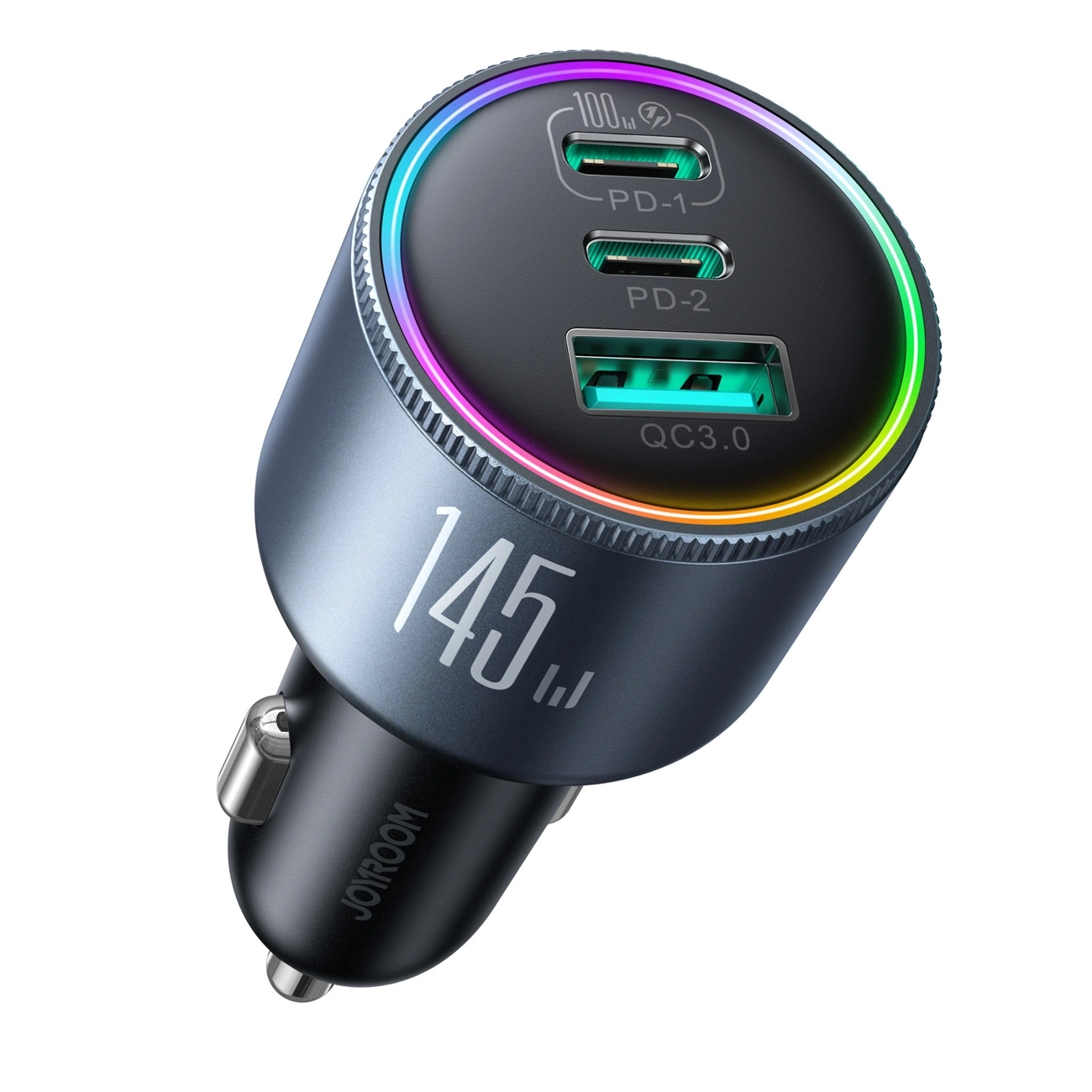 (145W) Dual USB C / USB A Auto KFZ Ladegerät Netzteil PD 3.0 / QC 3.0 mit LED Beleuchtung   USB C Ladekabel (JR-CCN07) - Schwarz