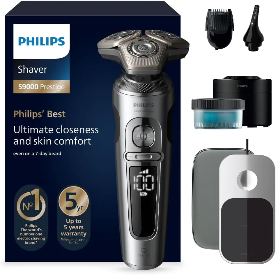 Philips Rasierer S9000 Prestige - Elektrischer Nass- und Trockenrasierer, glänzendes Chrom, Lift & Cut-Rasiersystem, SkinIQ-Technologie, Bartstyler, Reinigungsstation & Qi-Ladepad (Modell SP9885/35)