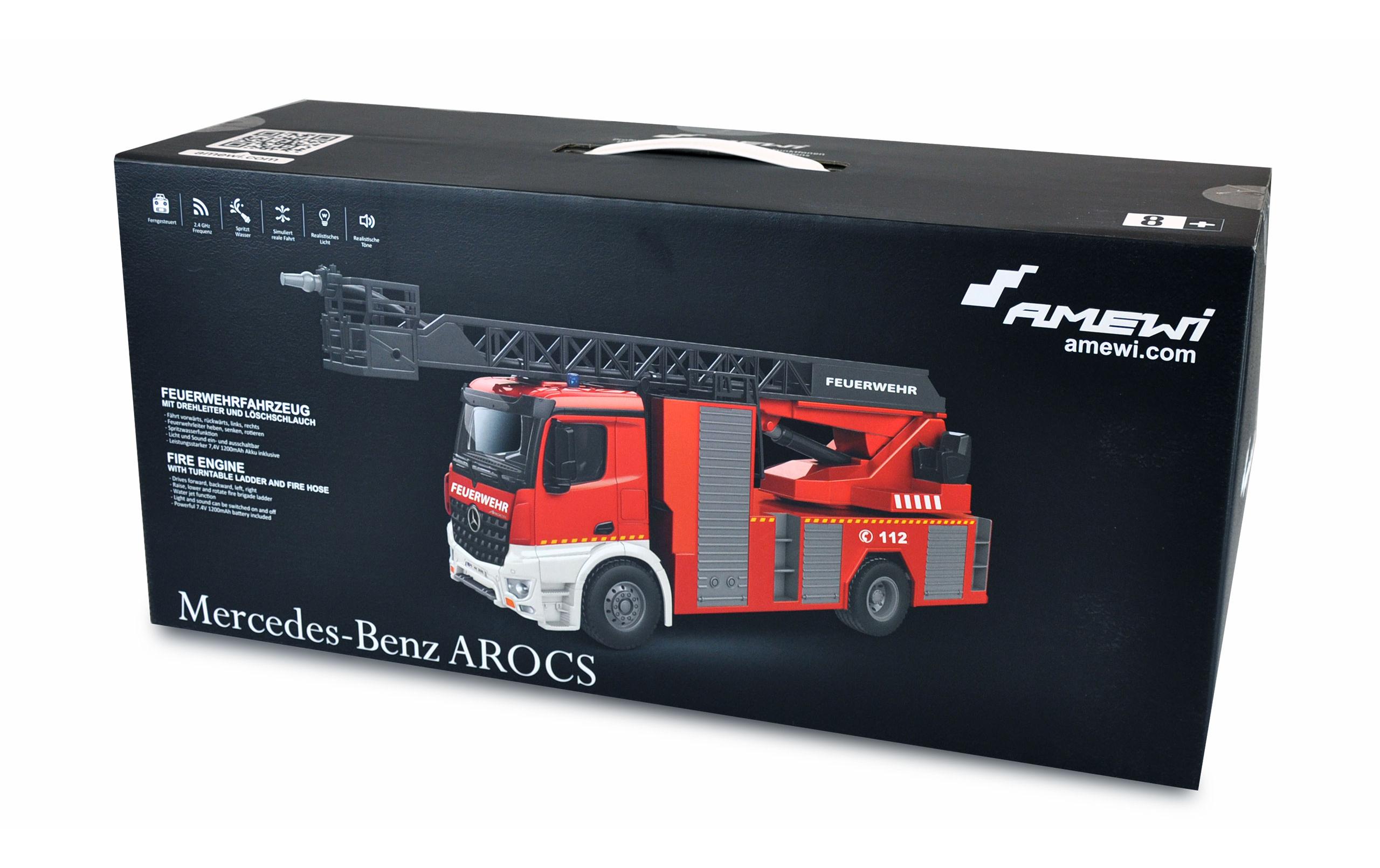 Mercedes Benz Arocs Feuerwehr Drehleiter RTR, 1:18<br>Realistisches Feuerwehrauto mit Beleuchtung, Soundeffekten und Wasserwerfer