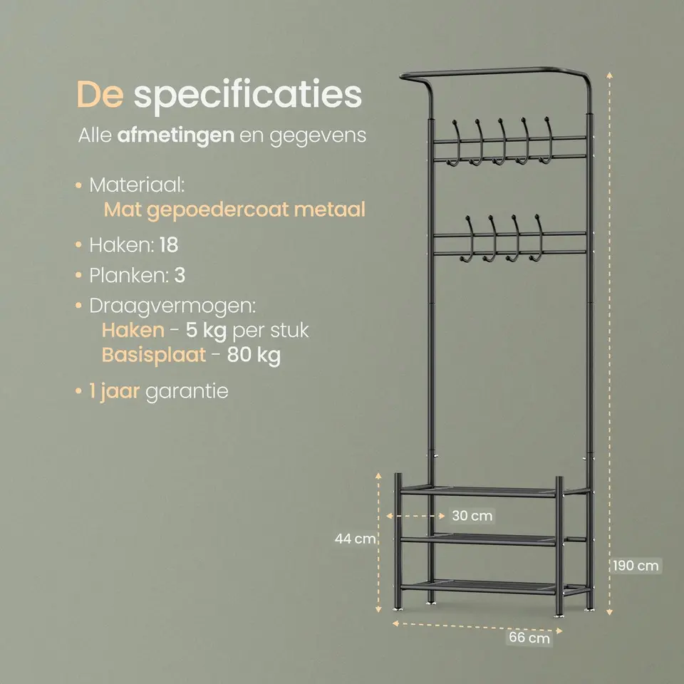 O'DADDY Staande Kapstok met Schoenenrek - Zwart Metaal